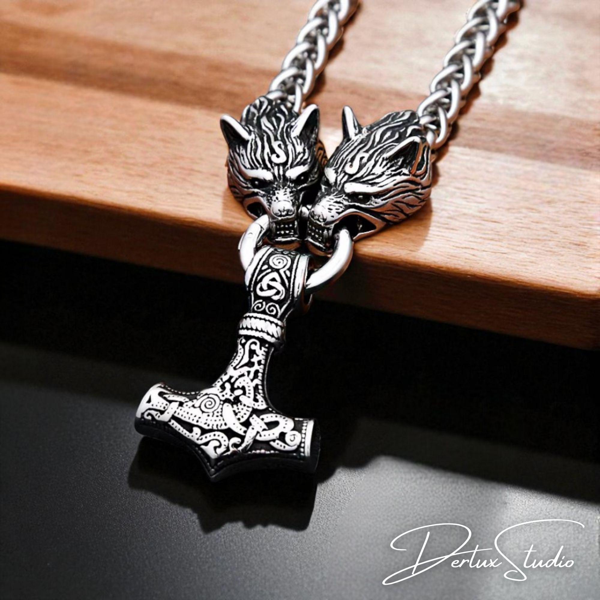 Viking Thor's Hammer Necklace - Wolf Head Thor's Hammer Necklace: Stainless Steel Viking Mjolnir