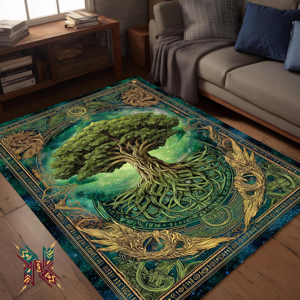 Viking Yggdrasil Tree of Life Rug - Yggdrasil Raven Rug – Green Tree of Life Carpet with Celtic