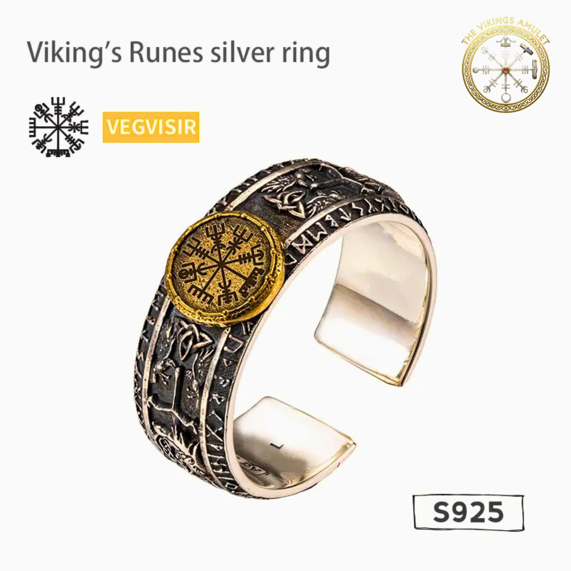 Viking Rune Ring - Viking's Rune Protection Ring, Sterling Silver Dragon of Sword Multi Symbolic