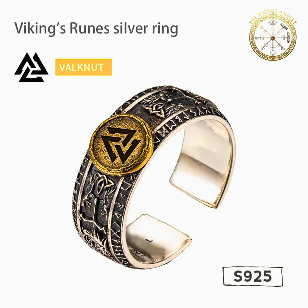 Viking Rune Ring - Viking's Rune Protection Ring, Sterling Silver Dragon of Sword Multi Symbolic