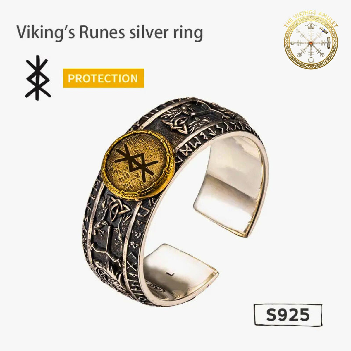 Viking Rune Ring - Viking's Rune Protection Ring, Sterling Silver Dragon of Sword Multi Symbolic