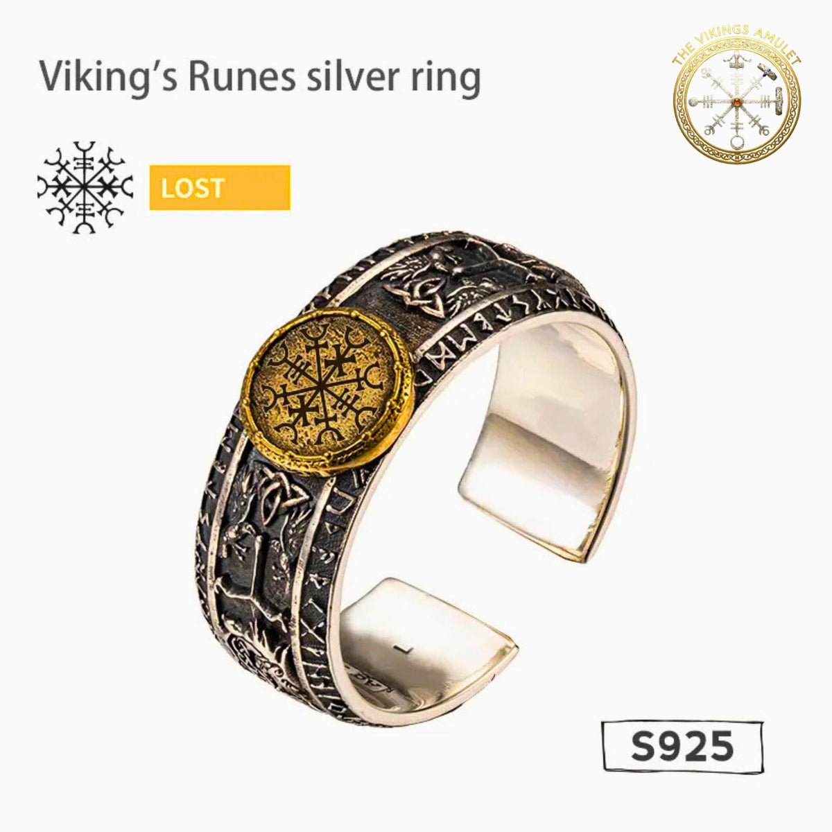 Viking Rune Ring - Viking's Rune Protection Ring, Sterling Silver Dragon of Sword Multi Symbolic
