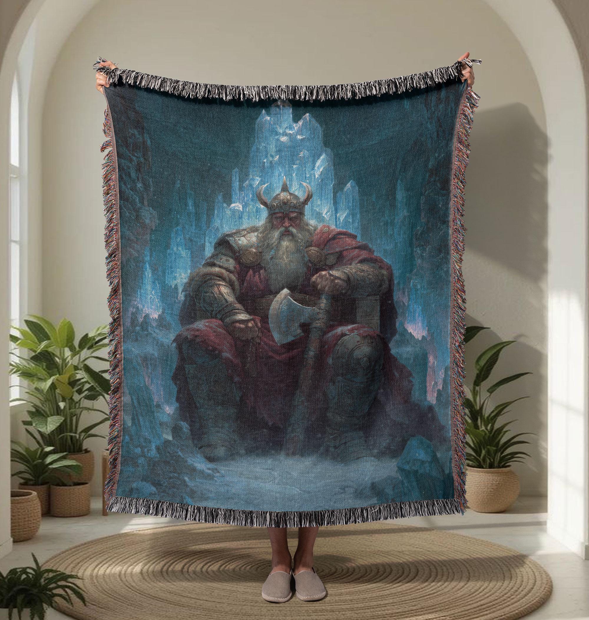 Viking Blanket - Epic Viking Warrior 100% Cotton Woven Blanket, Norse Mythology Home Decor Throw
