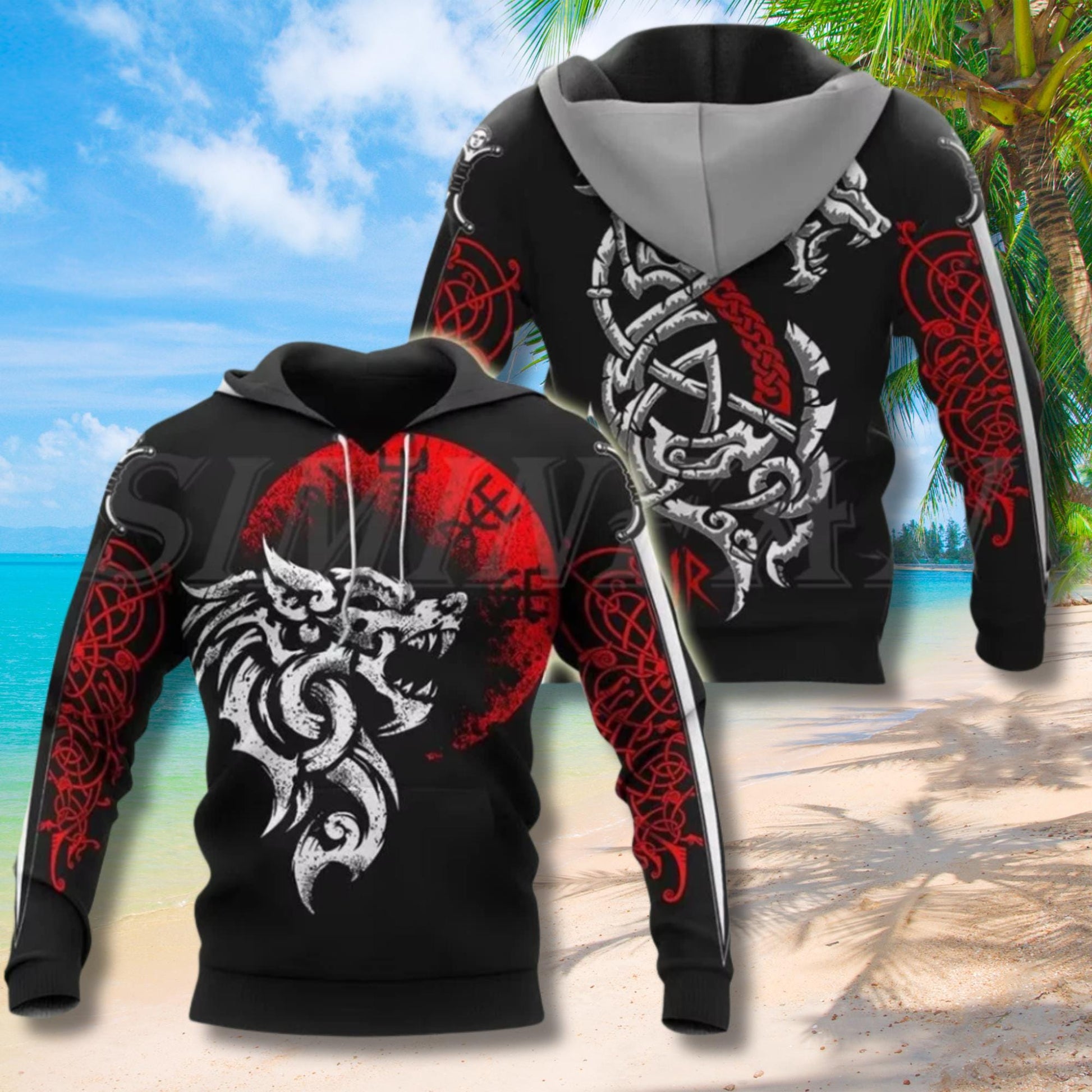 Viking Raven Hoodie - Norse Warrior Raven Hoodie, Black White Viking Style Graphic Pullover