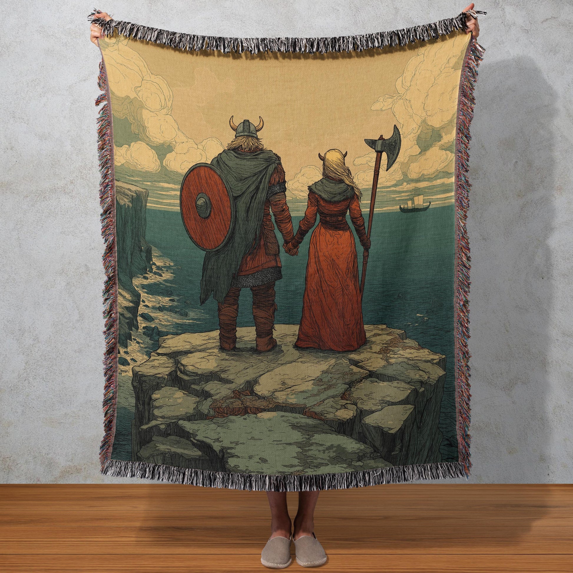 Viking Blanket - Epic Viking Warrior 100% Cotton Woven Blanket, Norse Mythology Home Decor Throw