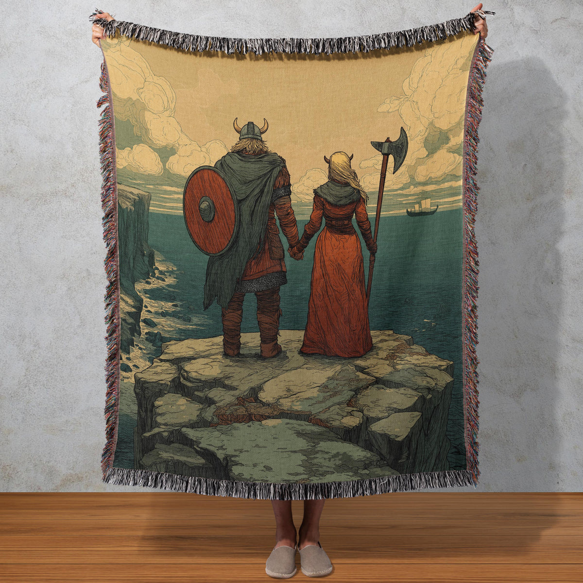 Viking Longship Blanket - Viking Longship Woven Blanket, Norse Storm Sea Tapestry, Dragon Boat