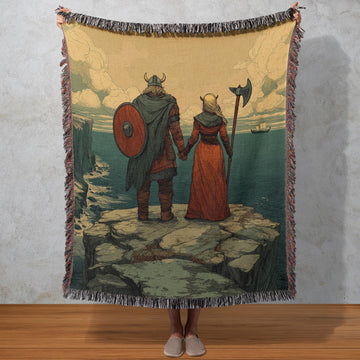 Viking Blanket - Viking Couple Woven Blanket, Norse Warrior Tapestry, Nordic Mythology Wall