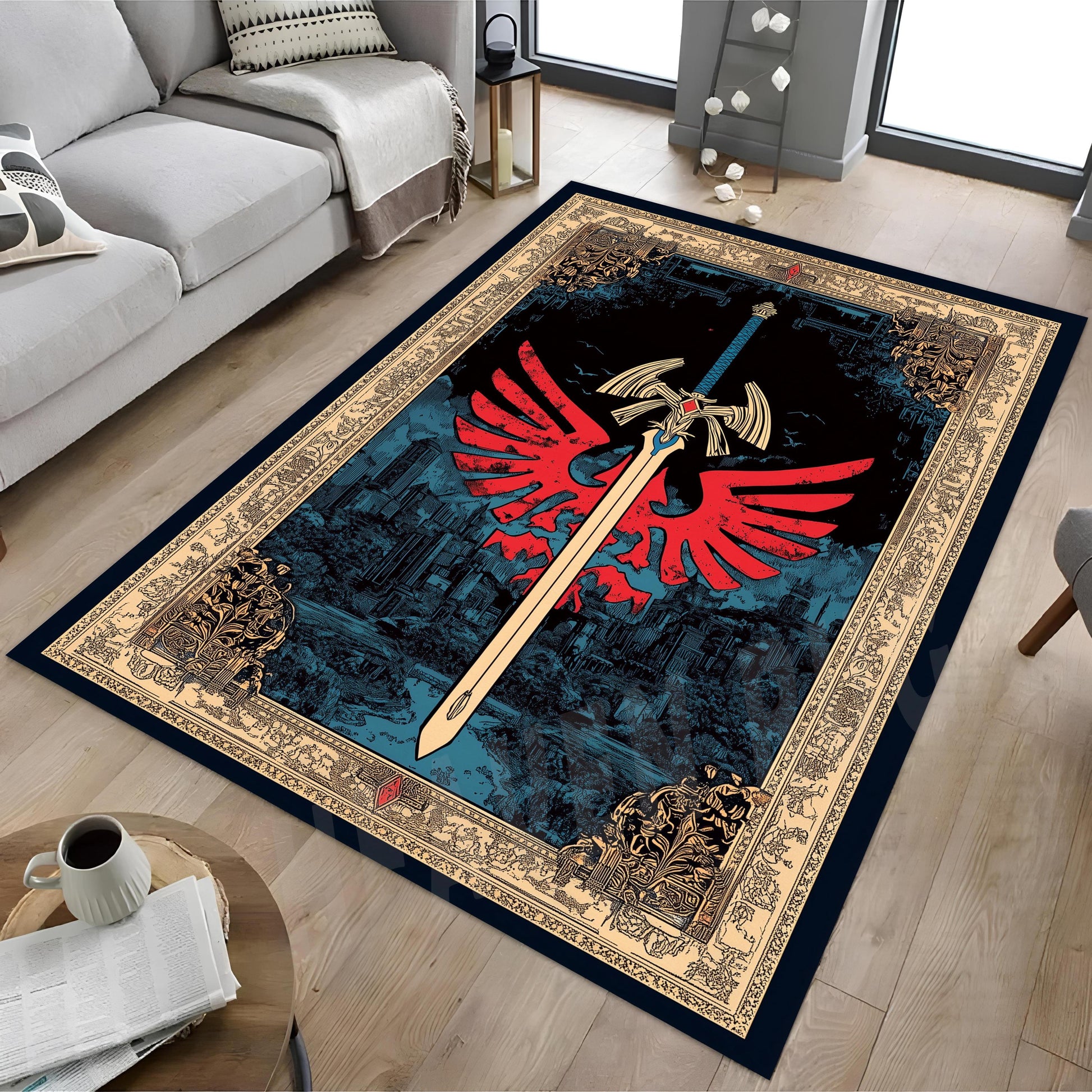Viking Rug - Viking Axe Runner Rug, Nordic Warrior Black Gold Decor, Norse Myth Battle Axe Carpet