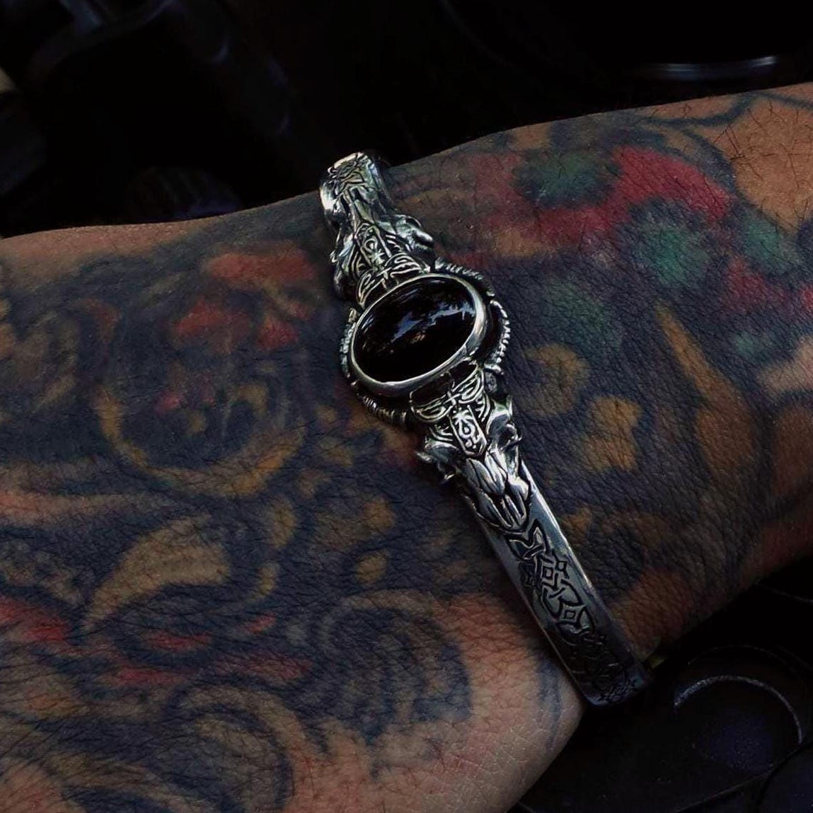 Viking Odin Necklace - Heavy Odin Wolves Viking Bangle Bracelet - 925 Sterling Silver Nordic Amulet