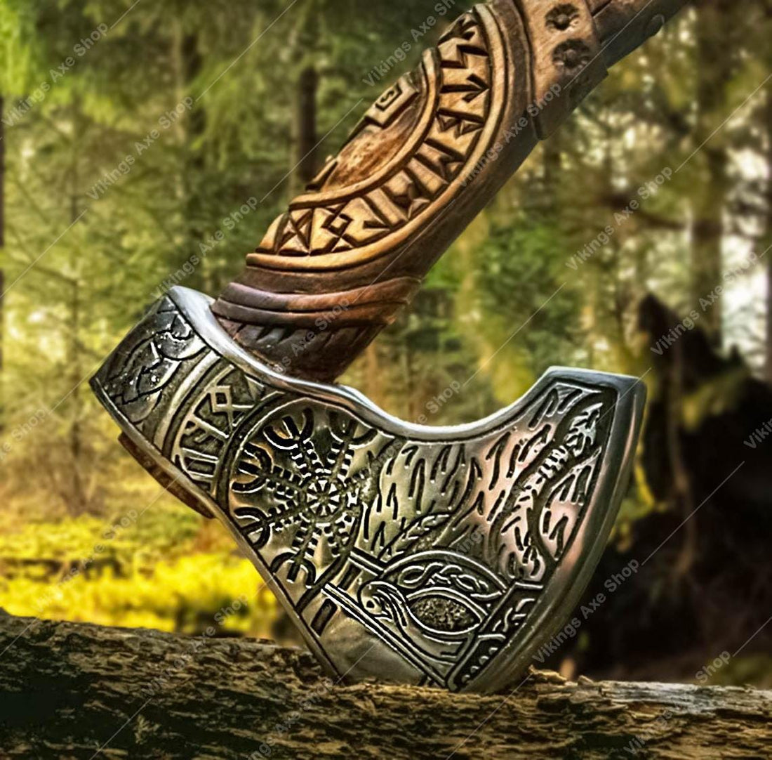Viking Weapon Replica - Christmas Gift Norse VIKING AXE with Wood Shaft, High Carbon Steel Bearded