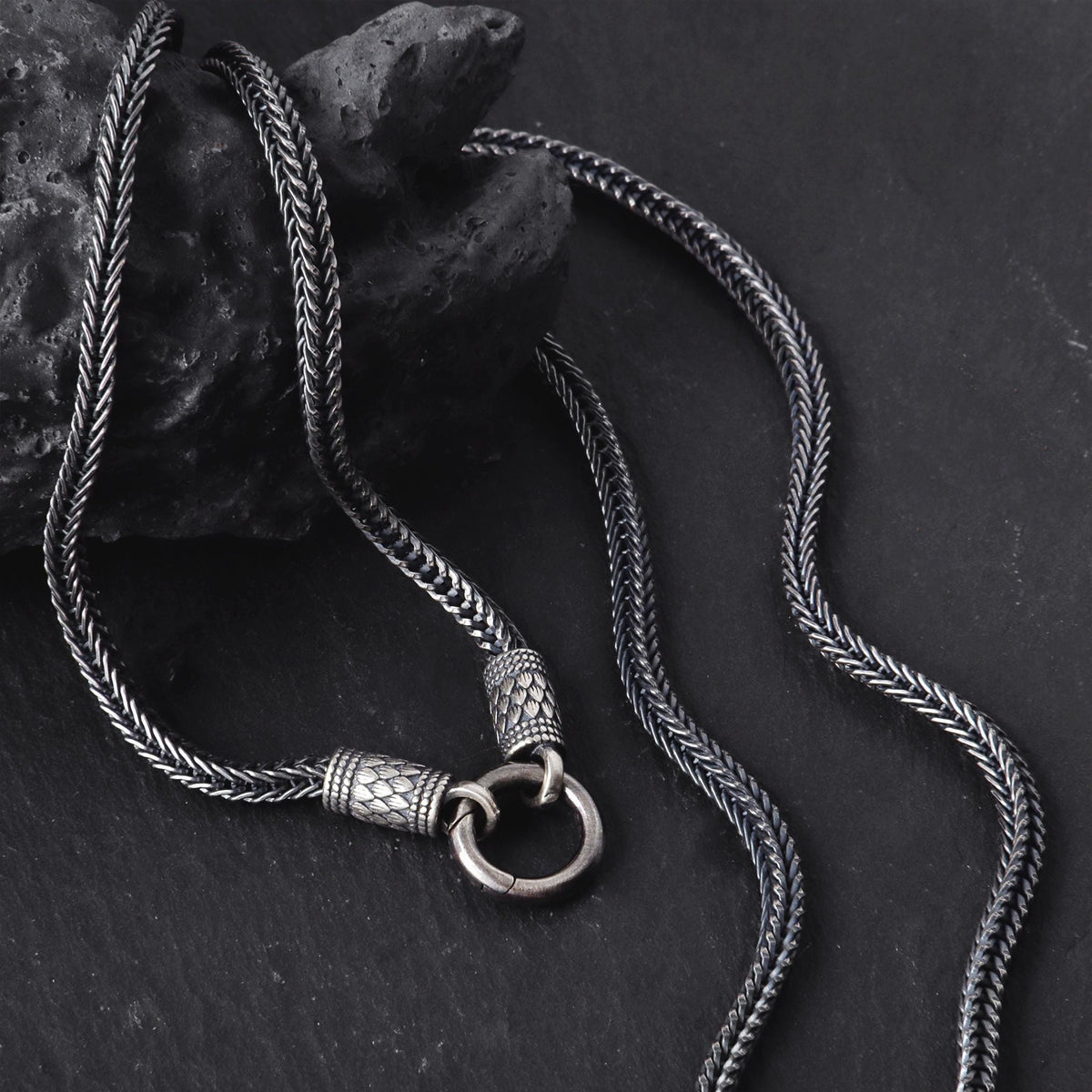 Viking Necklace - Mens Necklace Personalized 3mm Foxtail Chain Oxidized Sterling Silver Viking