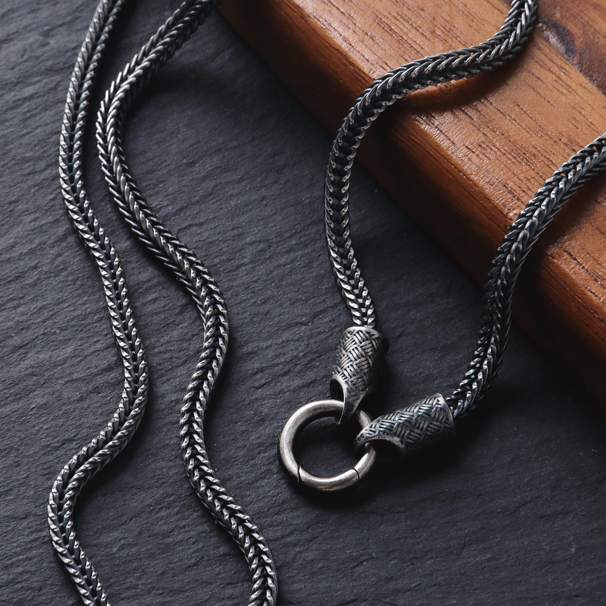 Viking Necklace - Mens Necklace Personalized 3mm Foxtail Chain Oxidized Sterling Silver Viking