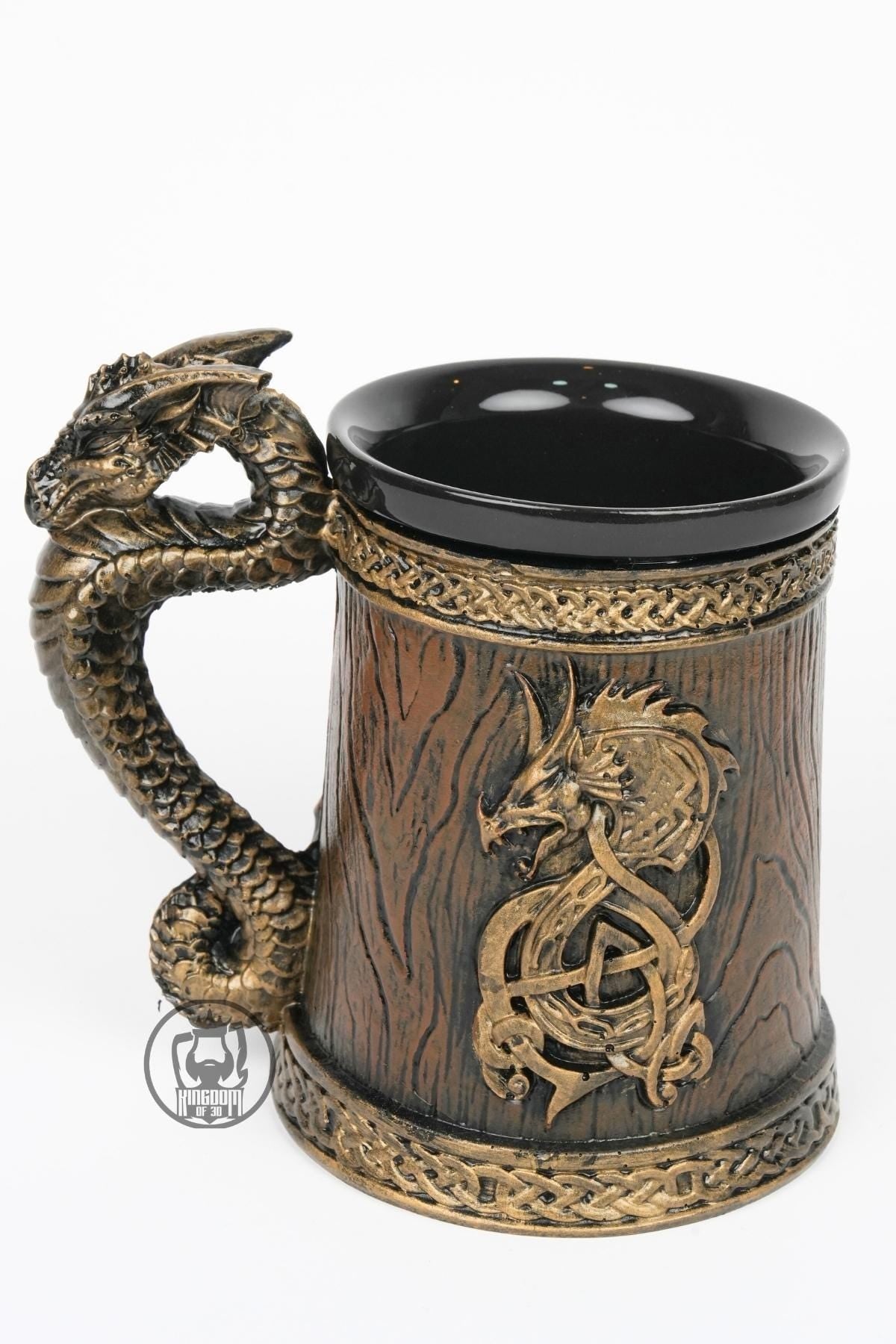 Viking Mug - Dragon Mug with Wooden Barrel Design – Gold Dragon Handle Fantasy Cup, Viking Medieval