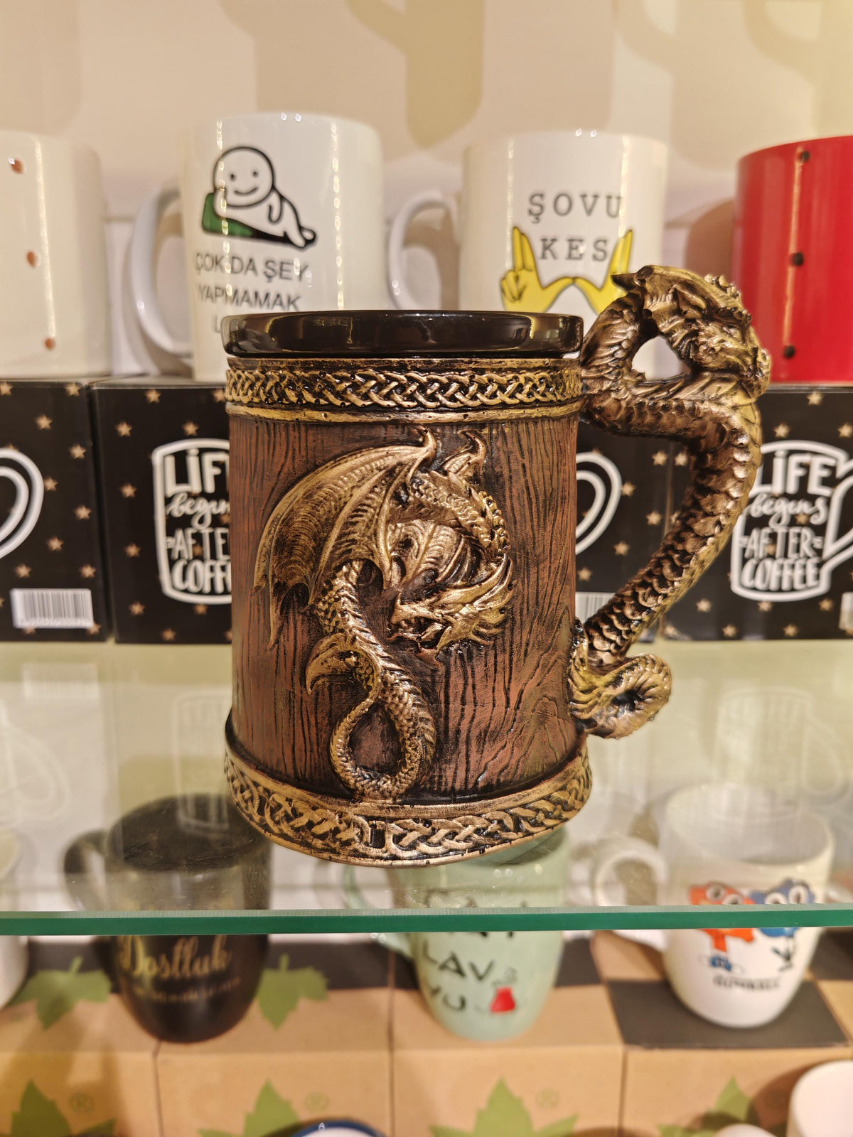 Viking Mug - Dragon Mug with Wooden Barrel Design – Gold Dragon Handle Fantasy Cup, Viking Medieval
