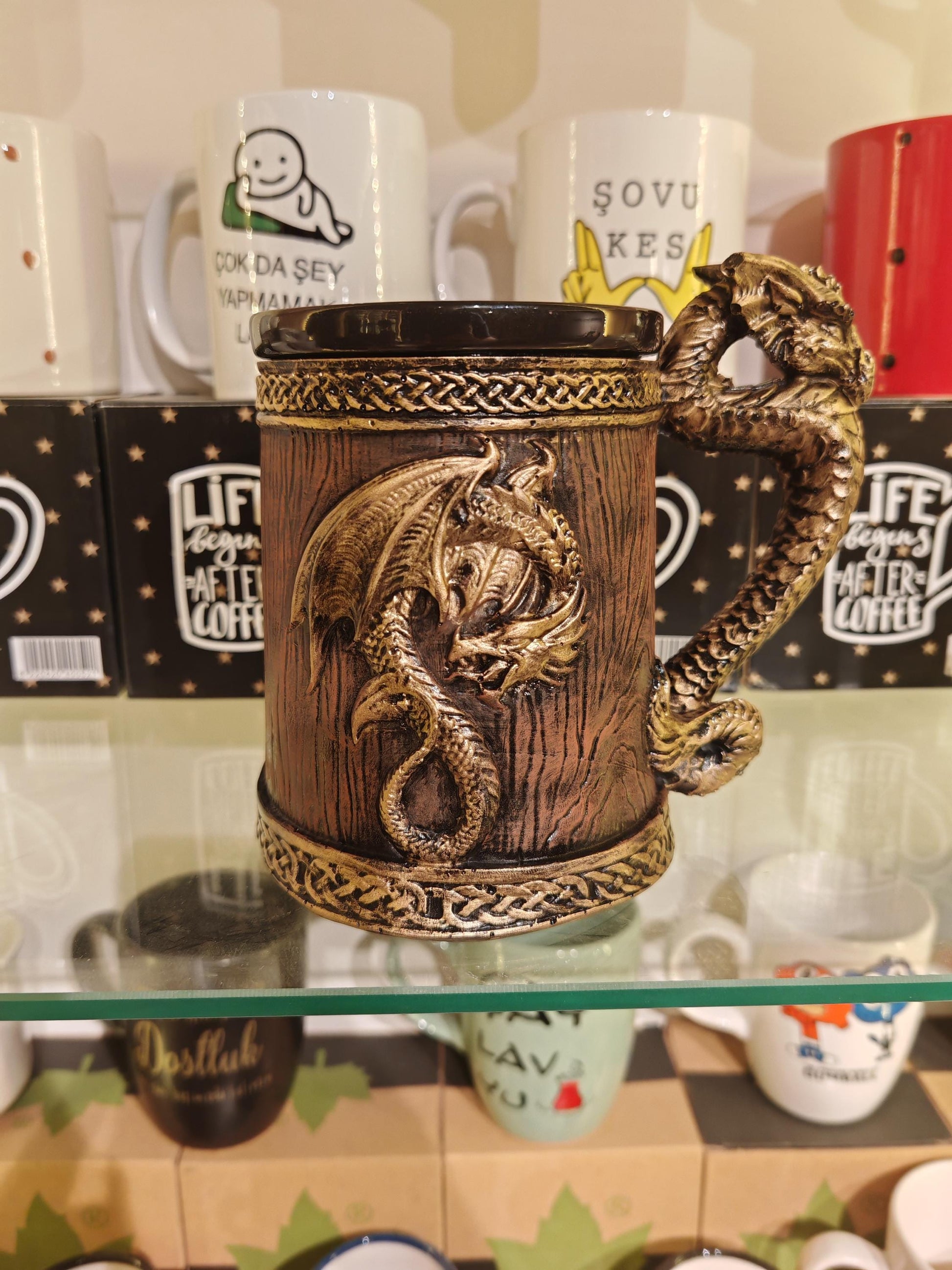 Viking Mug - Dragon Mug with Wooden Barrel Design – Gold Dragon Handle Fantasy Cup, Viking Medieval
