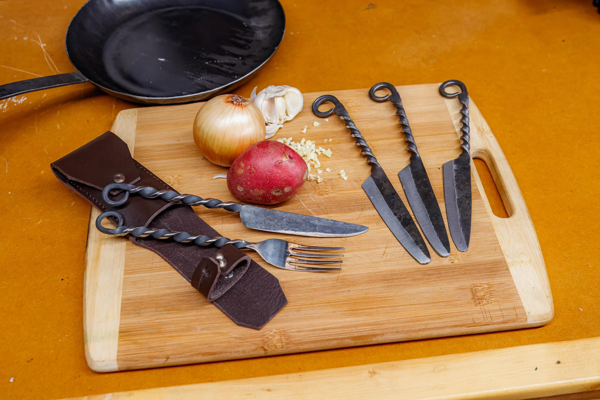 Viking Leather Accessory - Hand Forged Viking Cutlery Set – High Carbon Steel Medieval Utensils Set