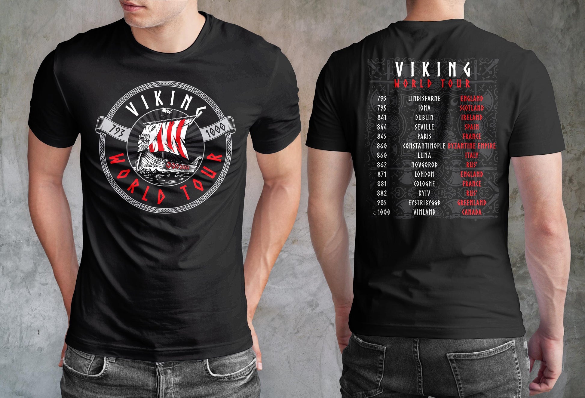 Viking Longship Hoodie - Viking World Tour Hoodie, Double-Sided Norse Longship Tour Dates, Norse