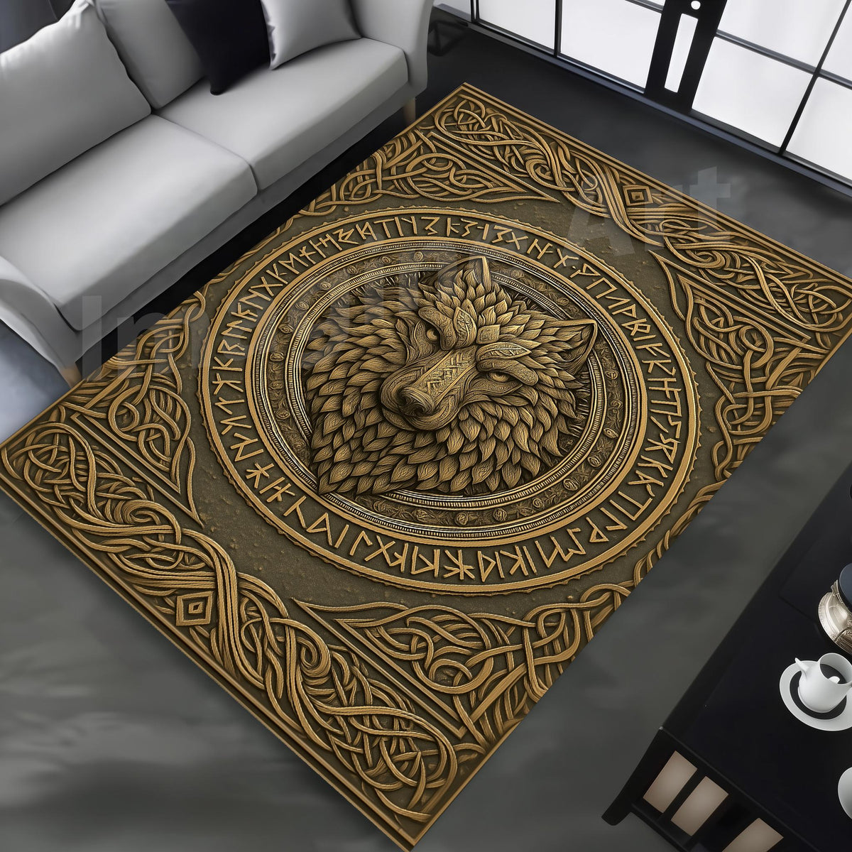 Viking Wolf Rug - Celtic Wolf Rug: Wood Carving Art, 3D Viking, Norse Cabin Decor