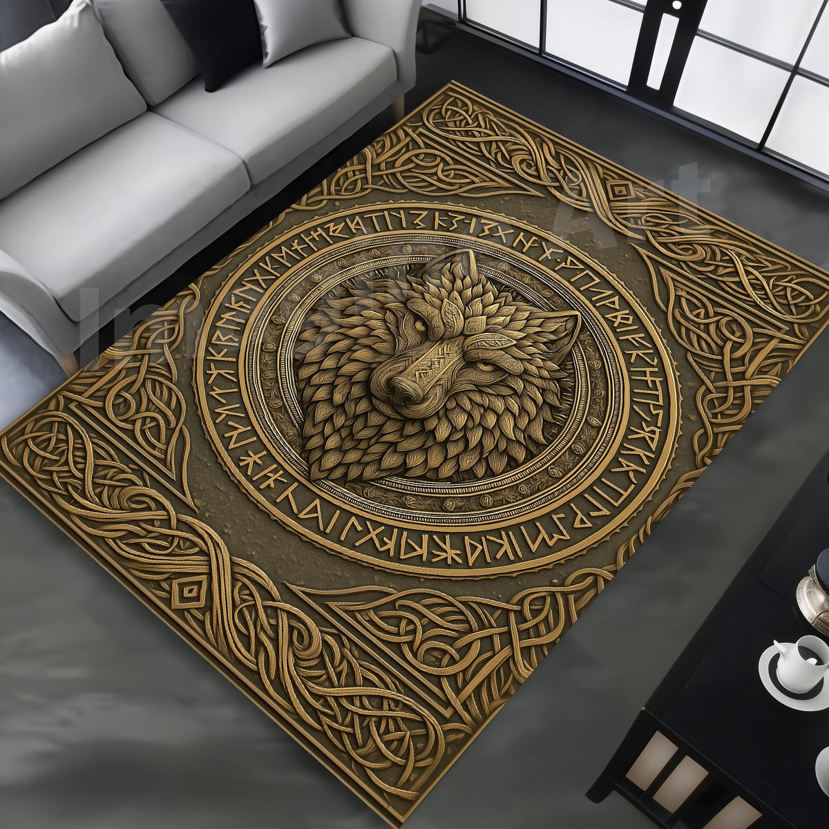 Viking Raven Rug - Viking Raven Round Rug, Norse Rune Circle Carpet, Celtic Knot Boho Gothic Decor