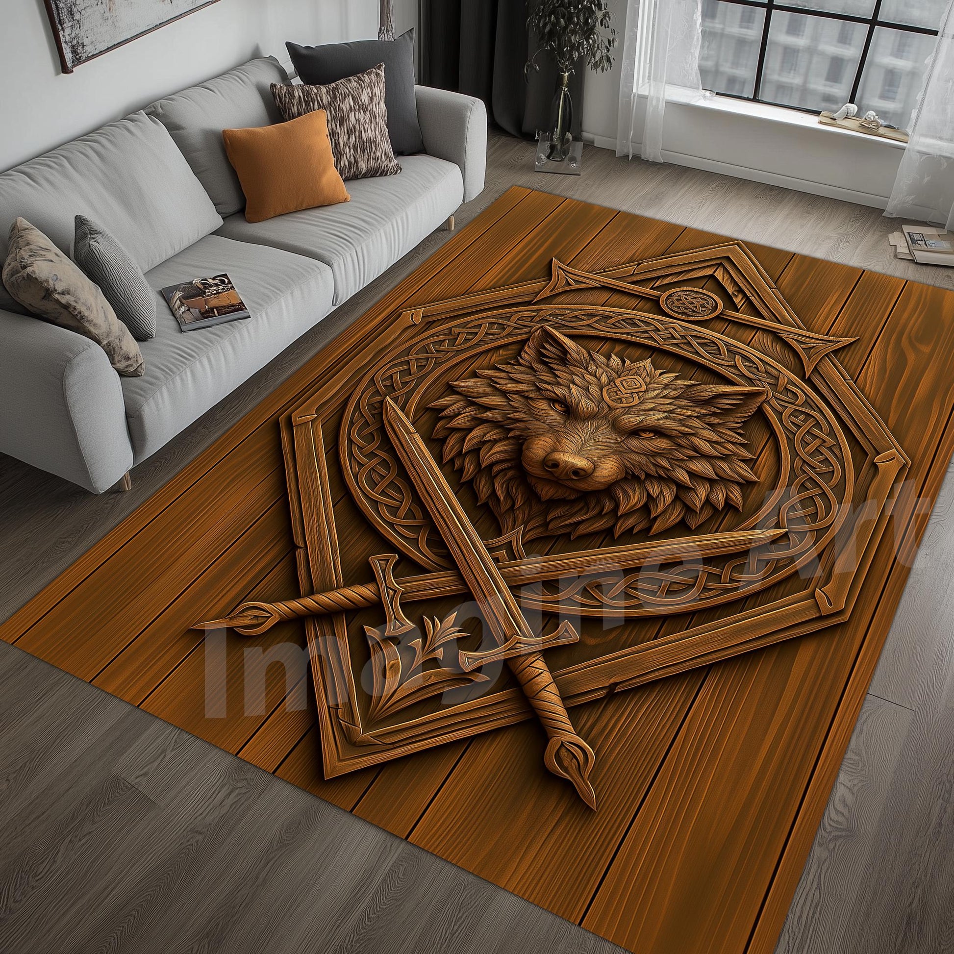 Viking Wolf Rug - Celtic Wolf Rug: Wood Carving Art, 3D Viking, Norse Cabin Decor