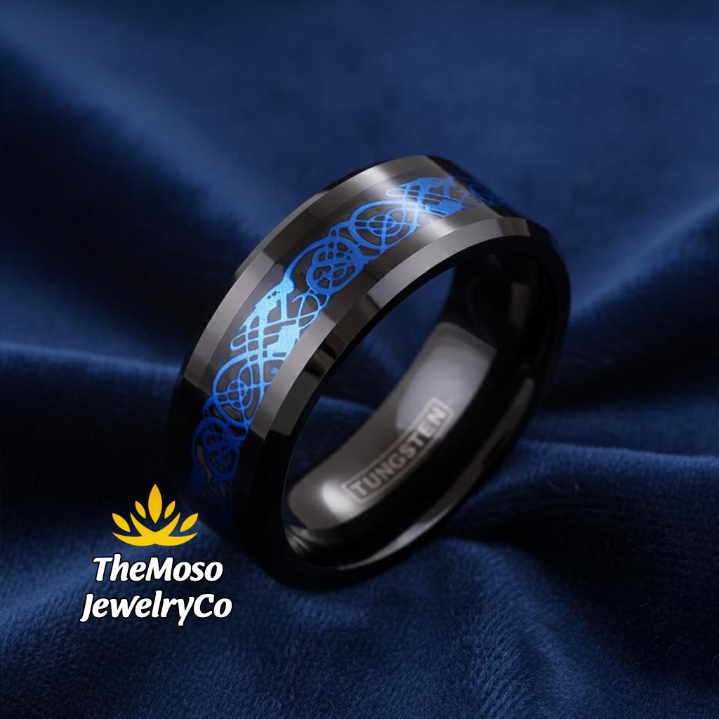 Viking Odin Ring - Blue Tungsten Viking Ring Norse Wedding Band Odin Symbol Personalized Mens