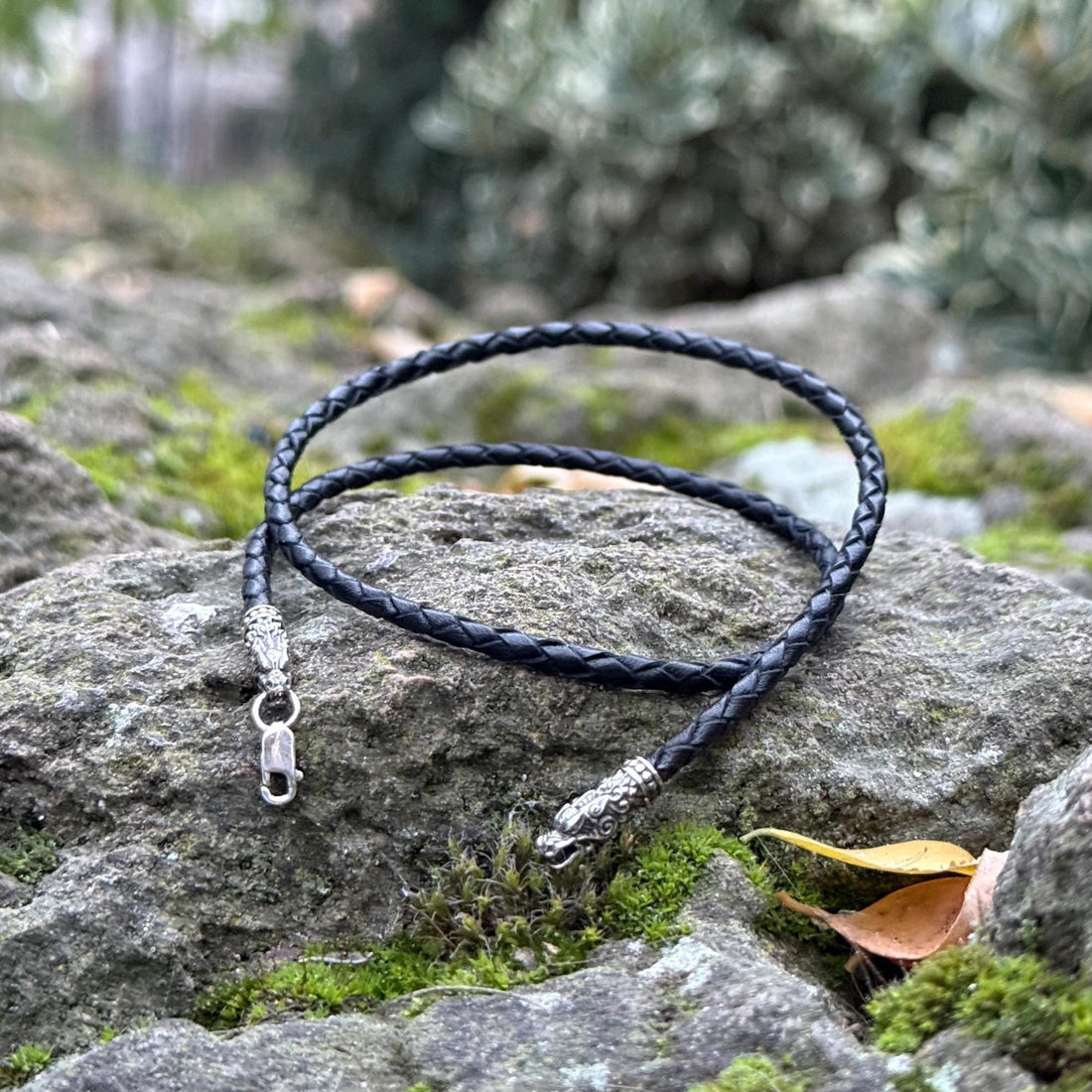 Viking Necklace - Braided Leather Dragon Necklace – Viking Necklace with Silver Dragon End Caps