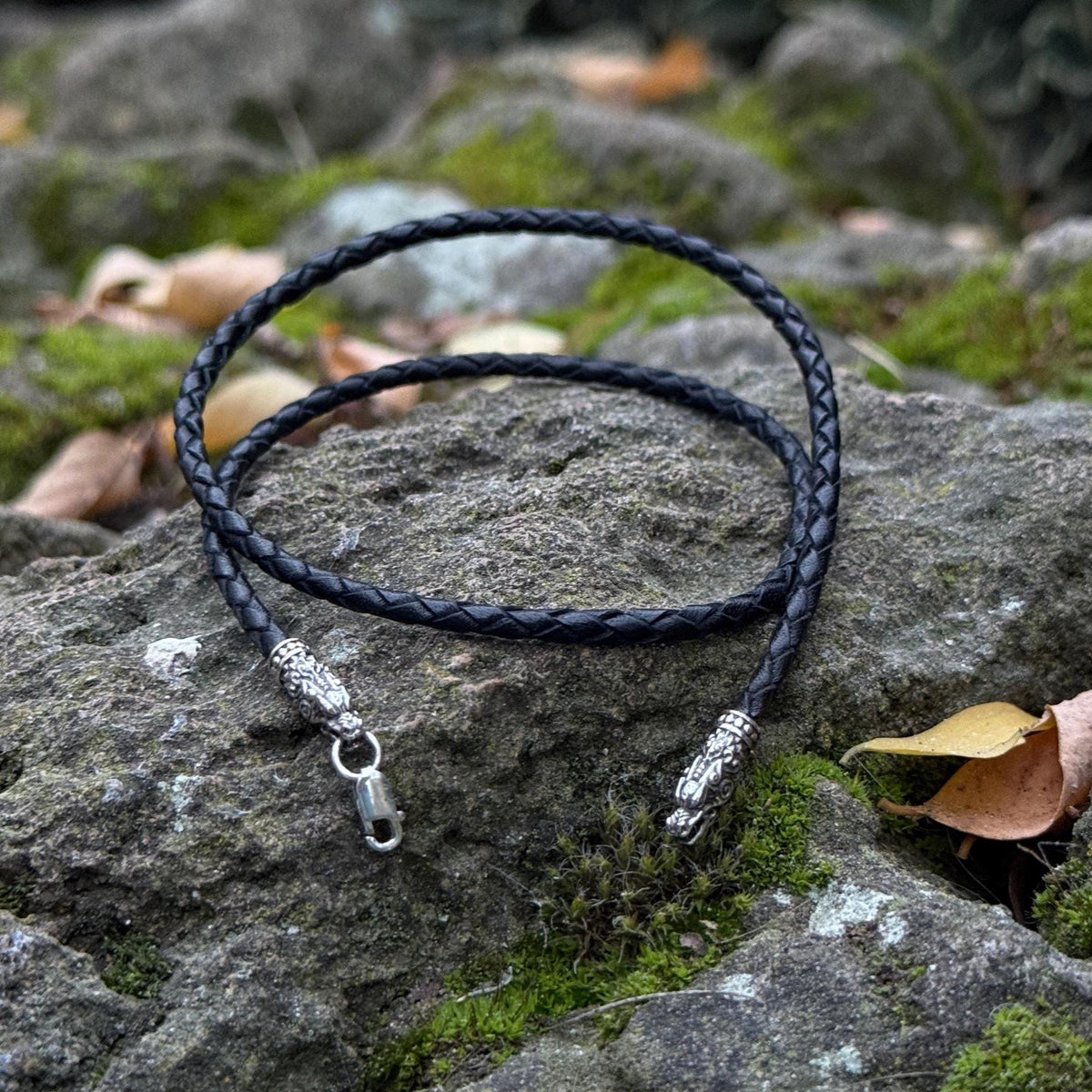 Viking Necklace - Braided Leather Dragon Necklace – Viking Necklace with Silver Dragon End Caps