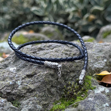 Viking Necklace - Braided Leather Dragon Necklace – Viking Necklace with Silver Dragon End Caps