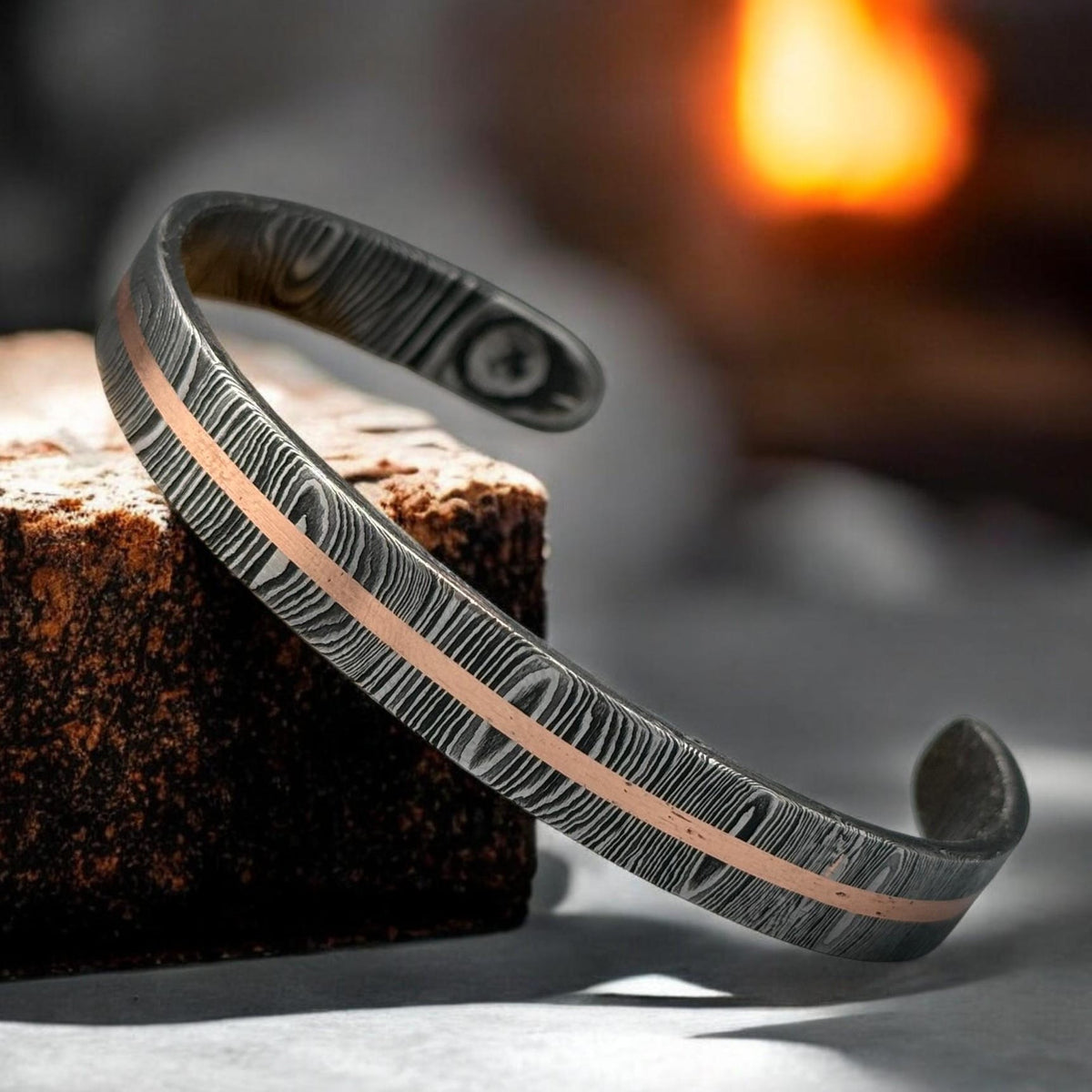 Viking Bracelet - Hand Forged Damascus Steel Cuff Bracelet with Copper Inlay Viking Bangle, Modern