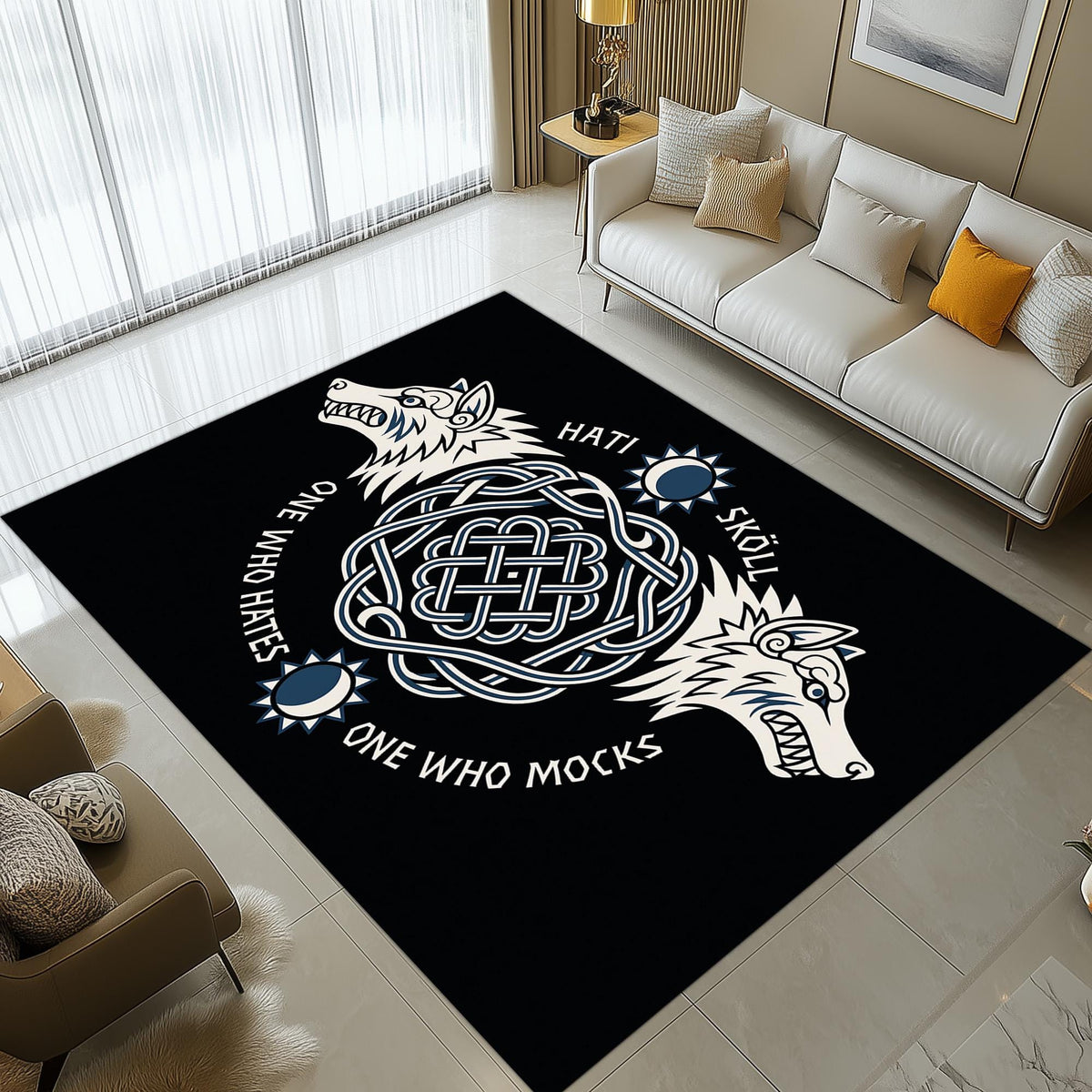 Viking Raven Rug - Viking Ship Rug: Norse Longship Carpet, Blue Ocean Waves, Celtic Raven Dragon