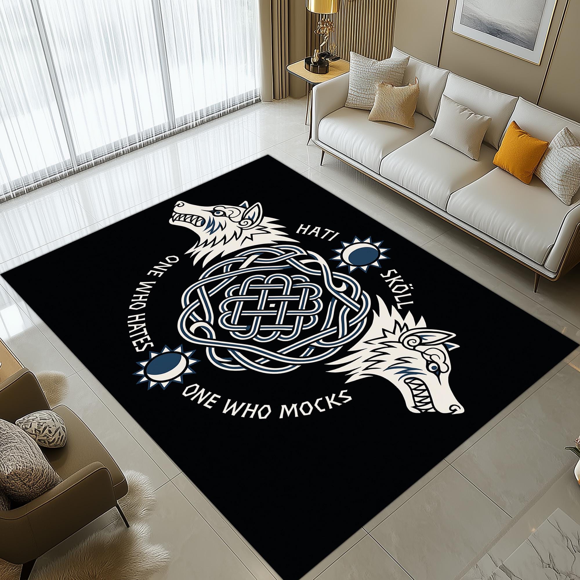 Viking Raven Rug - Viking Ship Rug: Norse Longship Carpet, Blue Ocean Waves, Celtic Raven Dragon