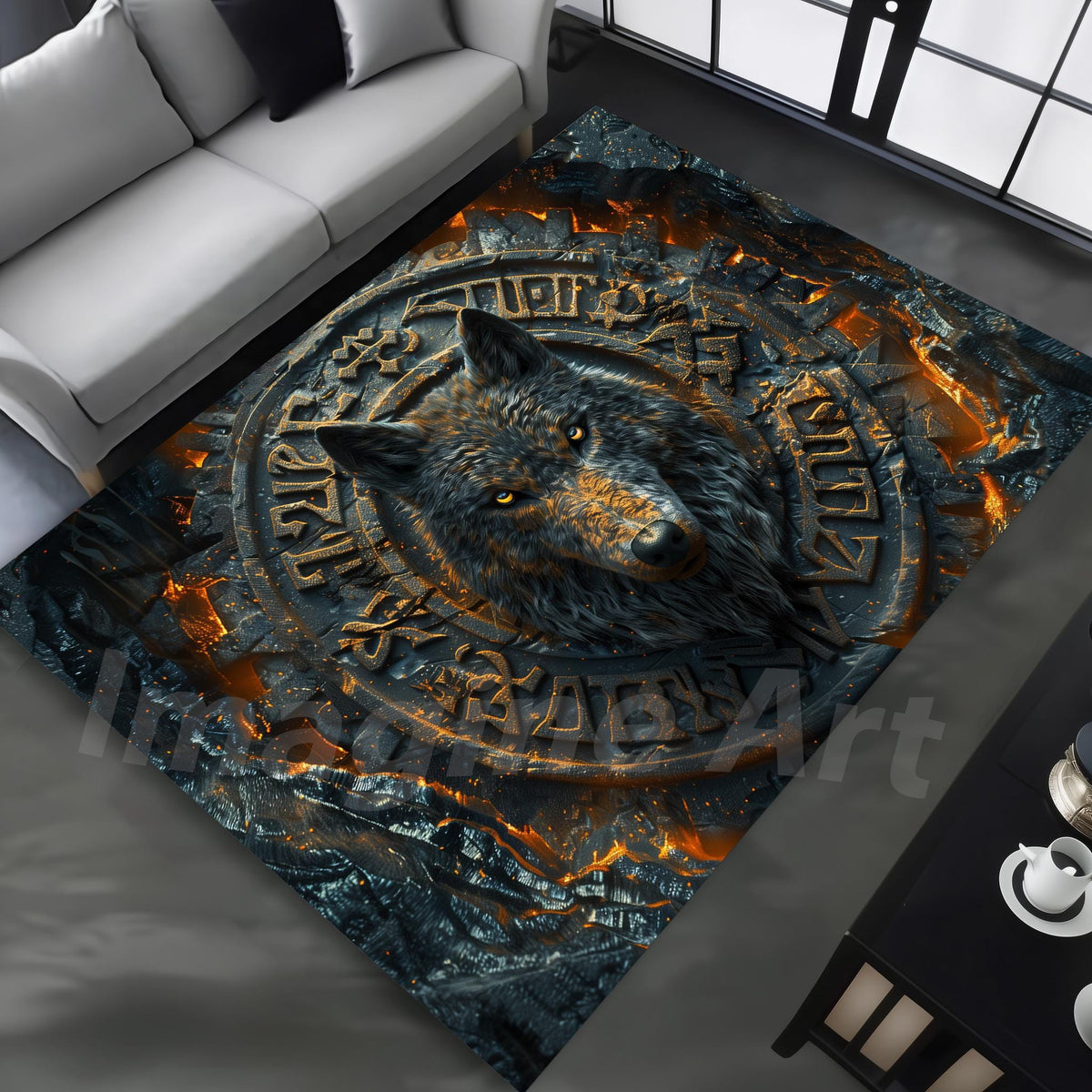Viking Wolf Rug - Celtic Wolf Rug: Wood Carving Art, 3D Viking, Norse Cabin Decor