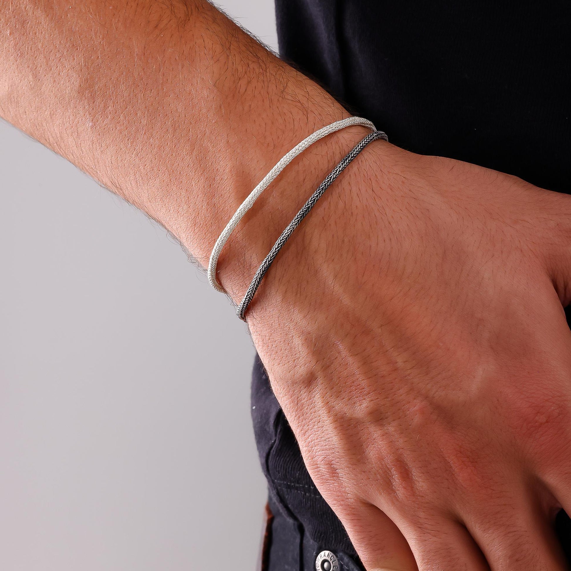 Viking Bracelet - Mens Leather Cuff Bracelet, Celtic Engraved Sterling Silver Braided Viking Norse