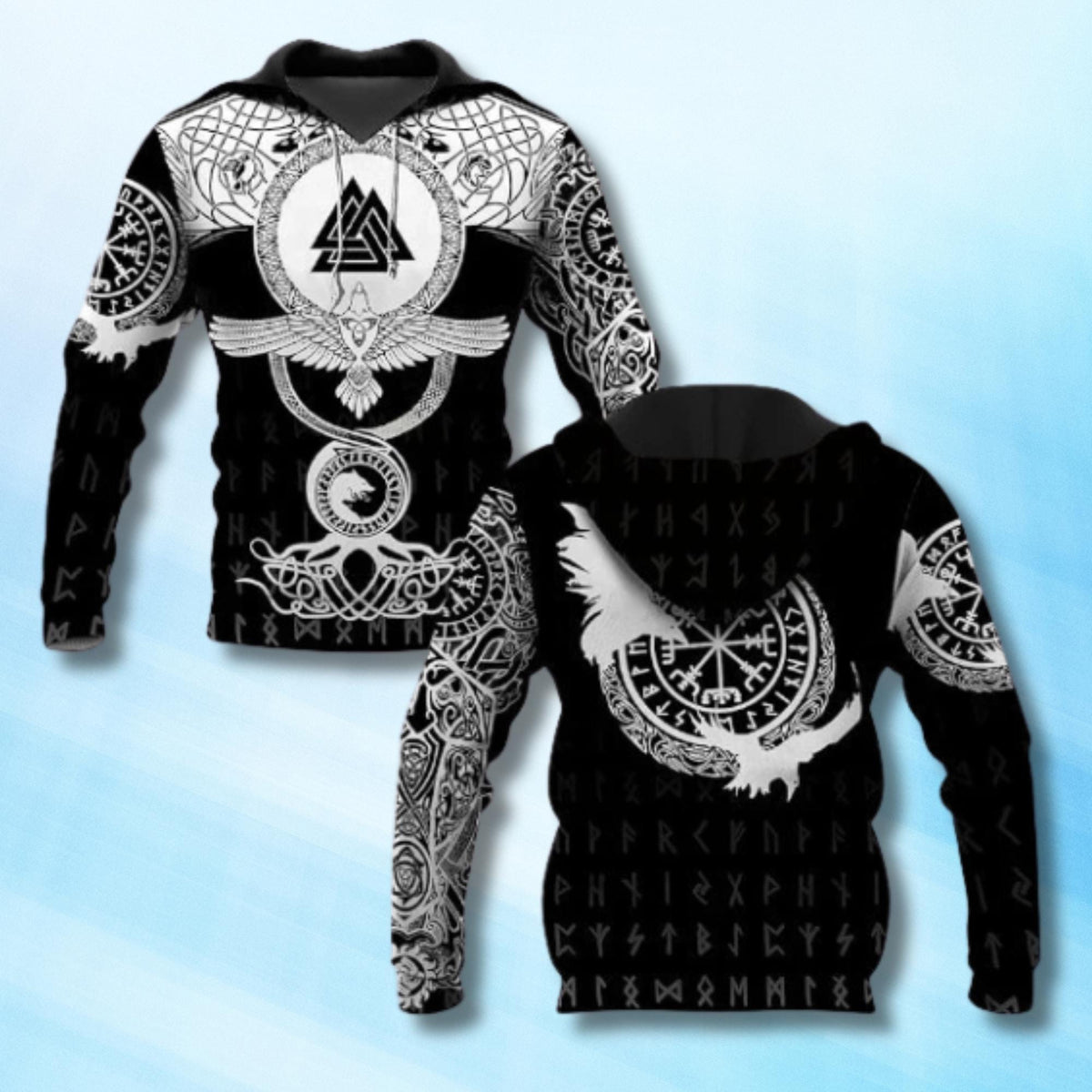Viking Wolf Hoodie - Norse Viking Wolf Hoodie – Black Runic Vegvisir Sleeve, Raven & Wolf Art