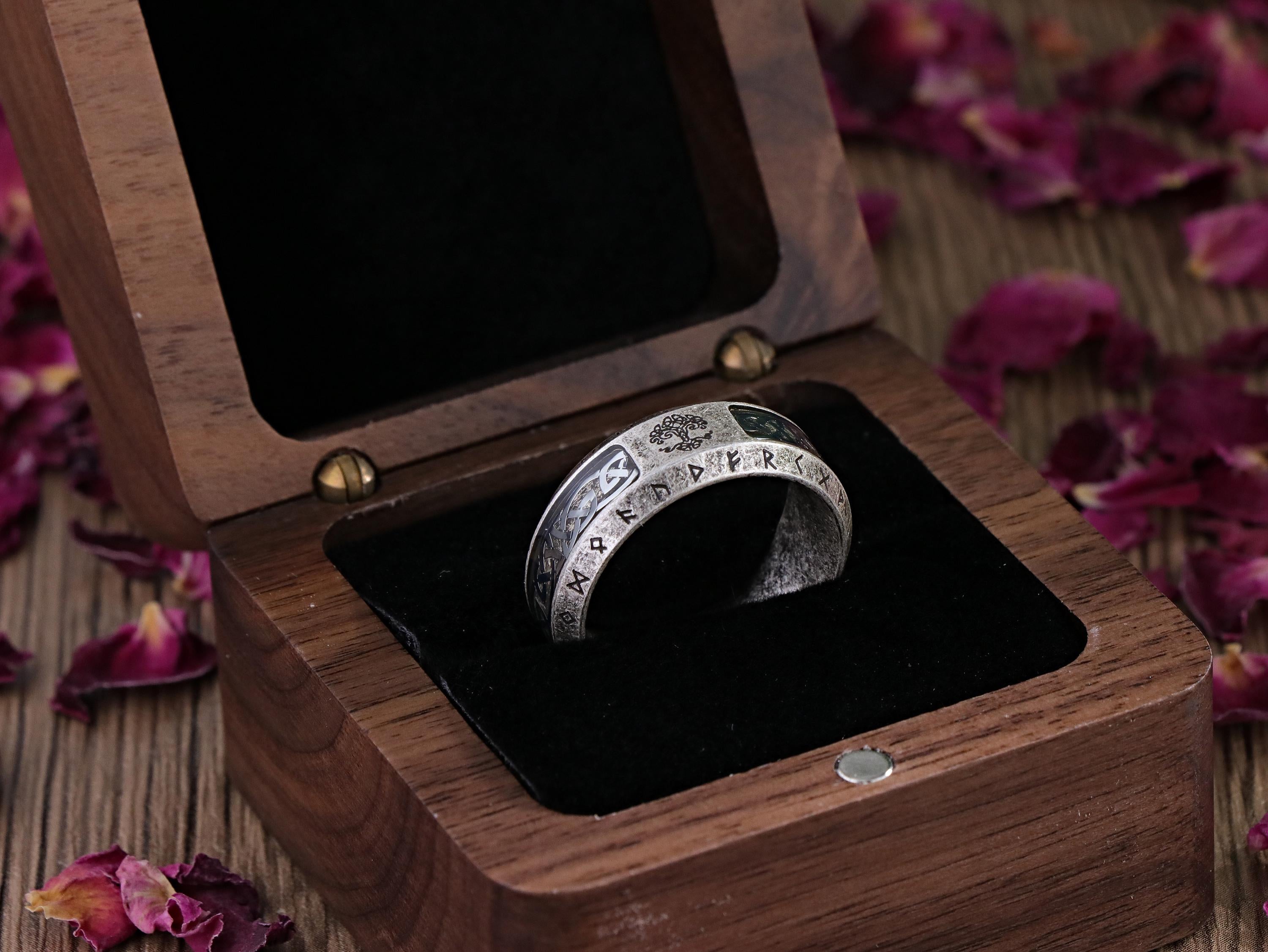 Viking Rune Ring - Ancient Viking Ring For Men - Nordic Runes Ring, Black Viking Norse Ring