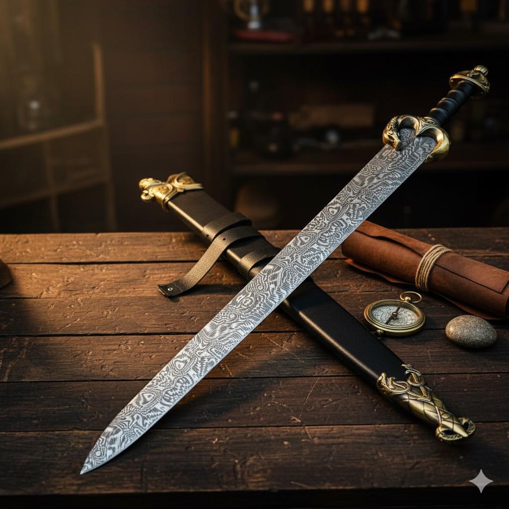 Viking Weapon Replica - Handmade Damascus Steel Celtic Leaf Sword, Viking Medieval Display Sword