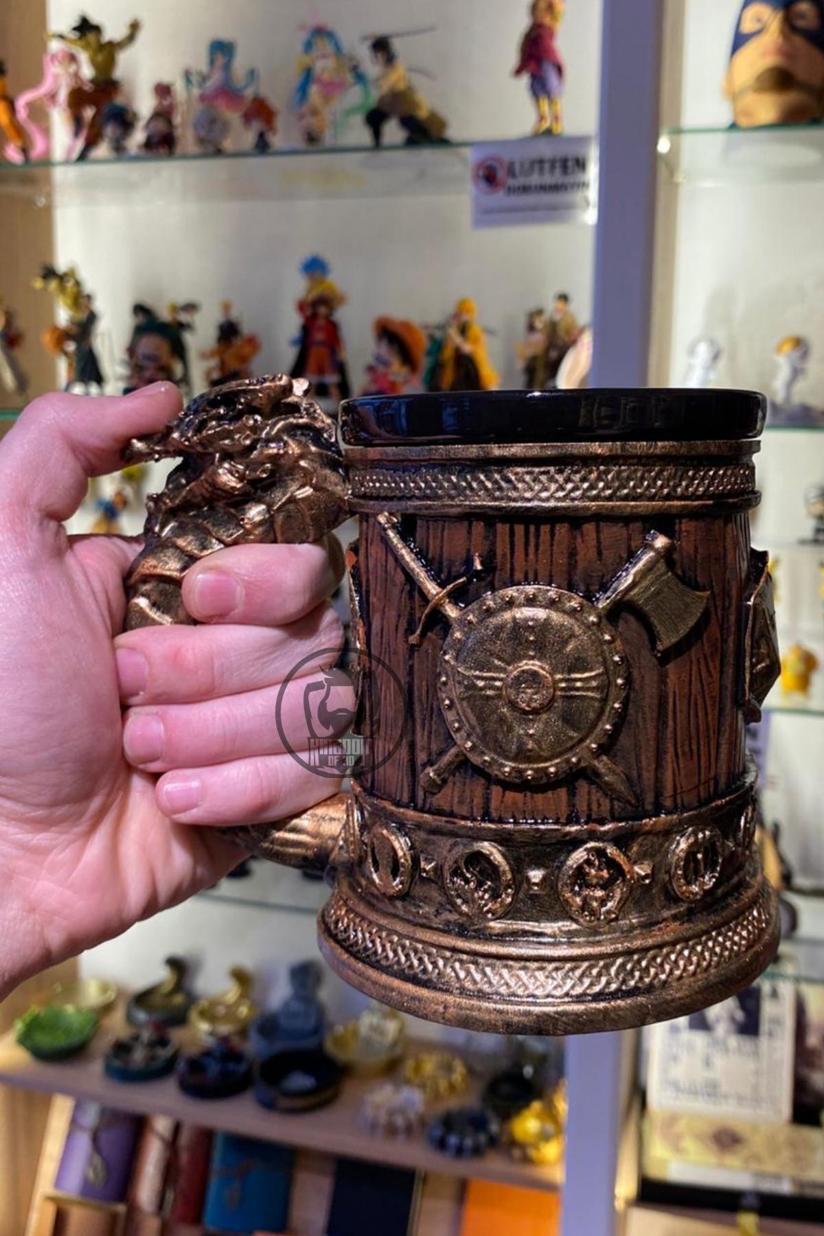 Viking Mug - Dragon Mug with Wooden Barrel Design – Gold Dragon Handle Fantasy Cup, Viking Medieval