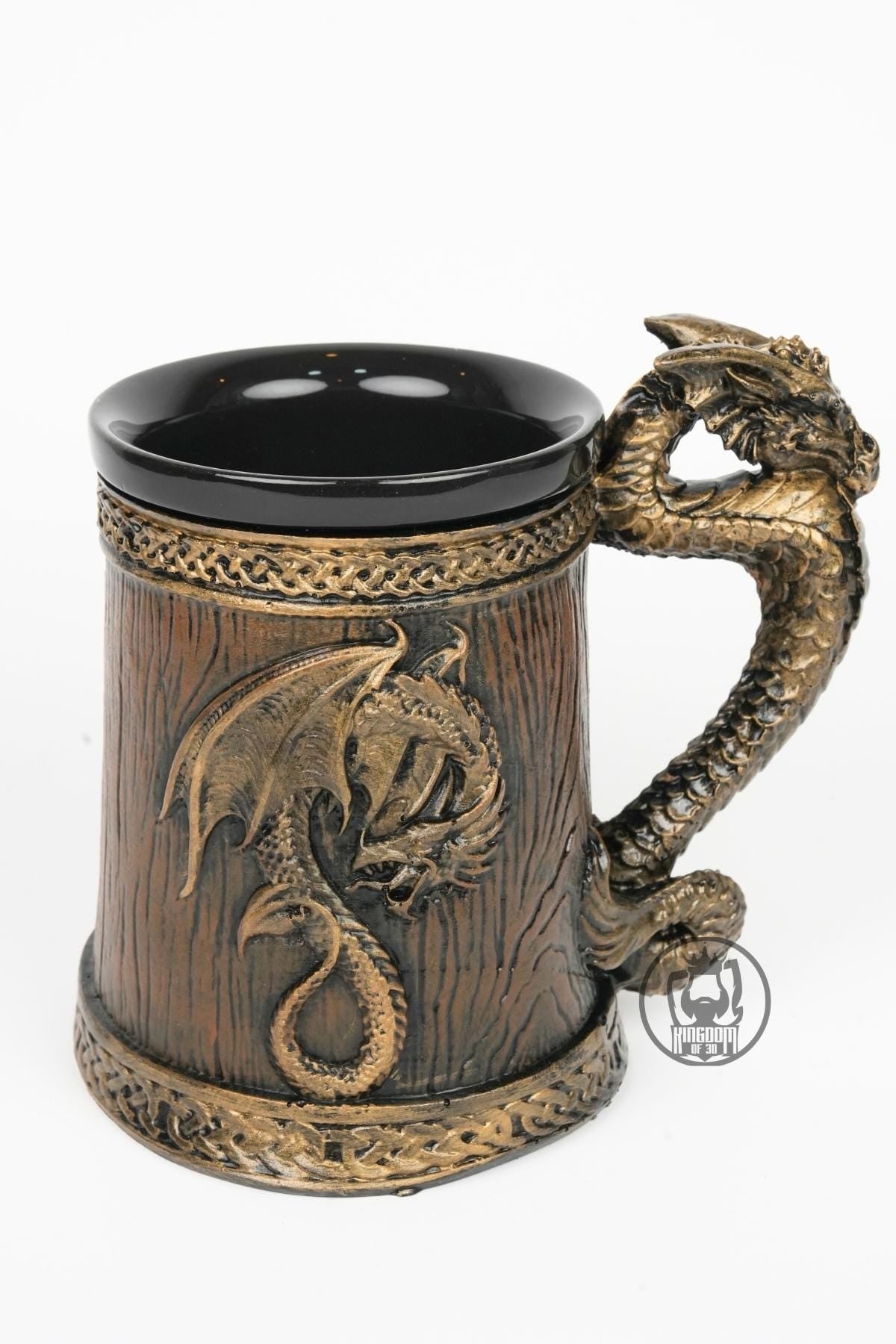 Viking Mug - Dragon Mug with Wooden Barrel Design – Gold Dragon Handle Fantasy Cup, Viking Medieval
