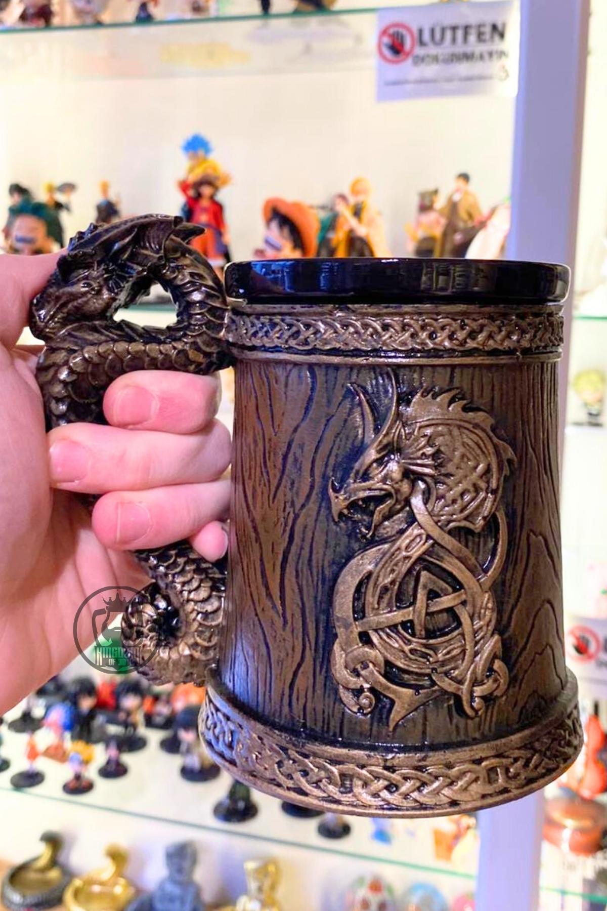 Viking Mug - Dragon Mug with Wooden Barrel Design – Gold Dragon Handle Fantasy Cup, Viking Medieval