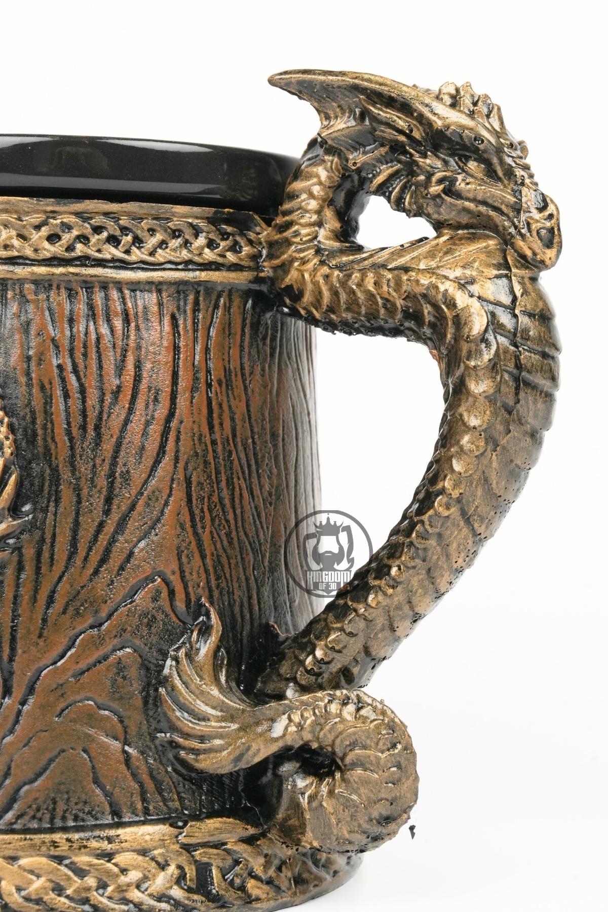 Viking Mug - Dragon Mug with Wooden Barrel Design – Gold Dragon Handle Fantasy Cup, Viking Medieval