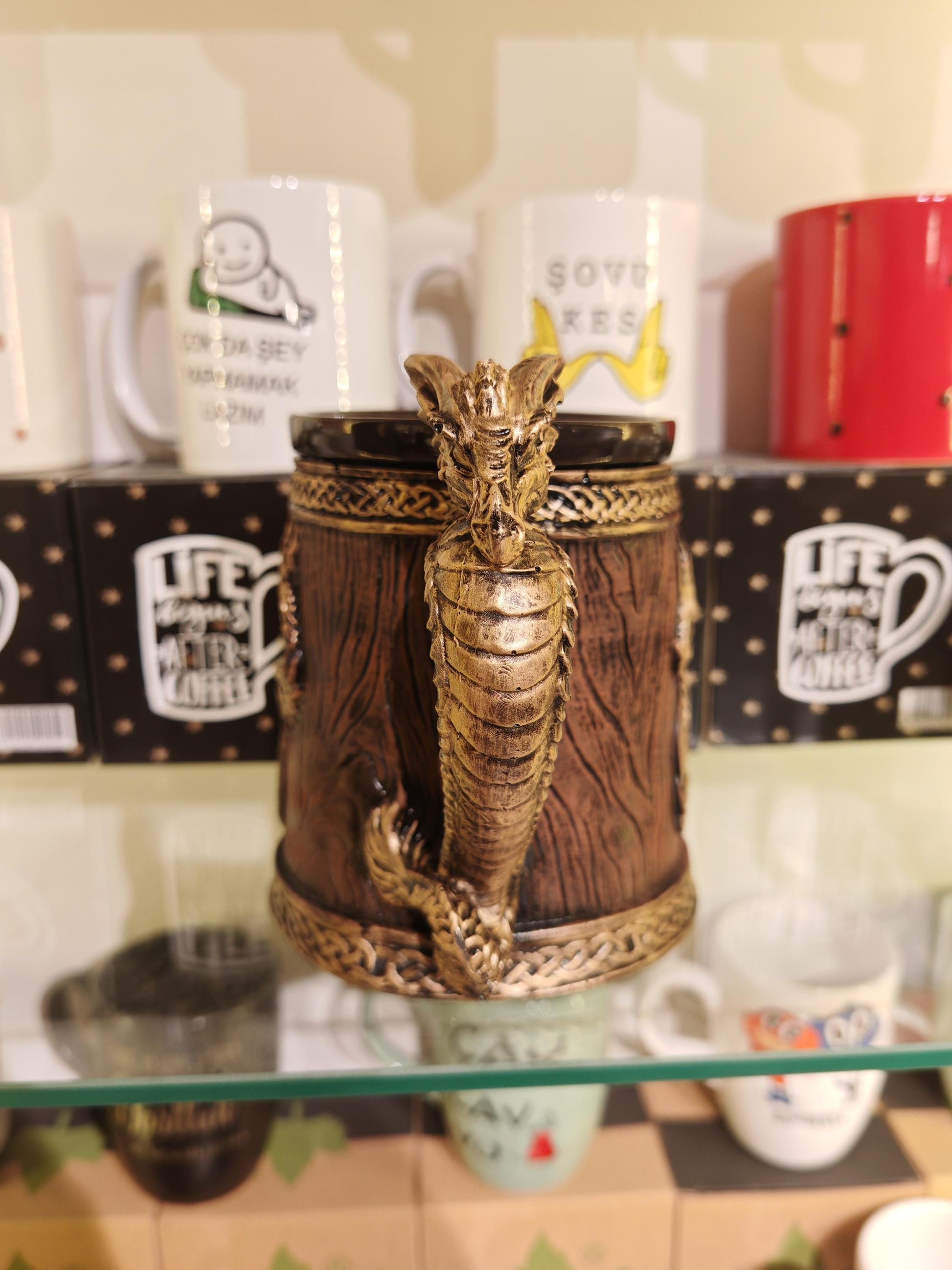 Viking Mug - Dragon Mug with Wooden Barrel Design – Gold Dragon Handle Fantasy Cup, Viking Medieval