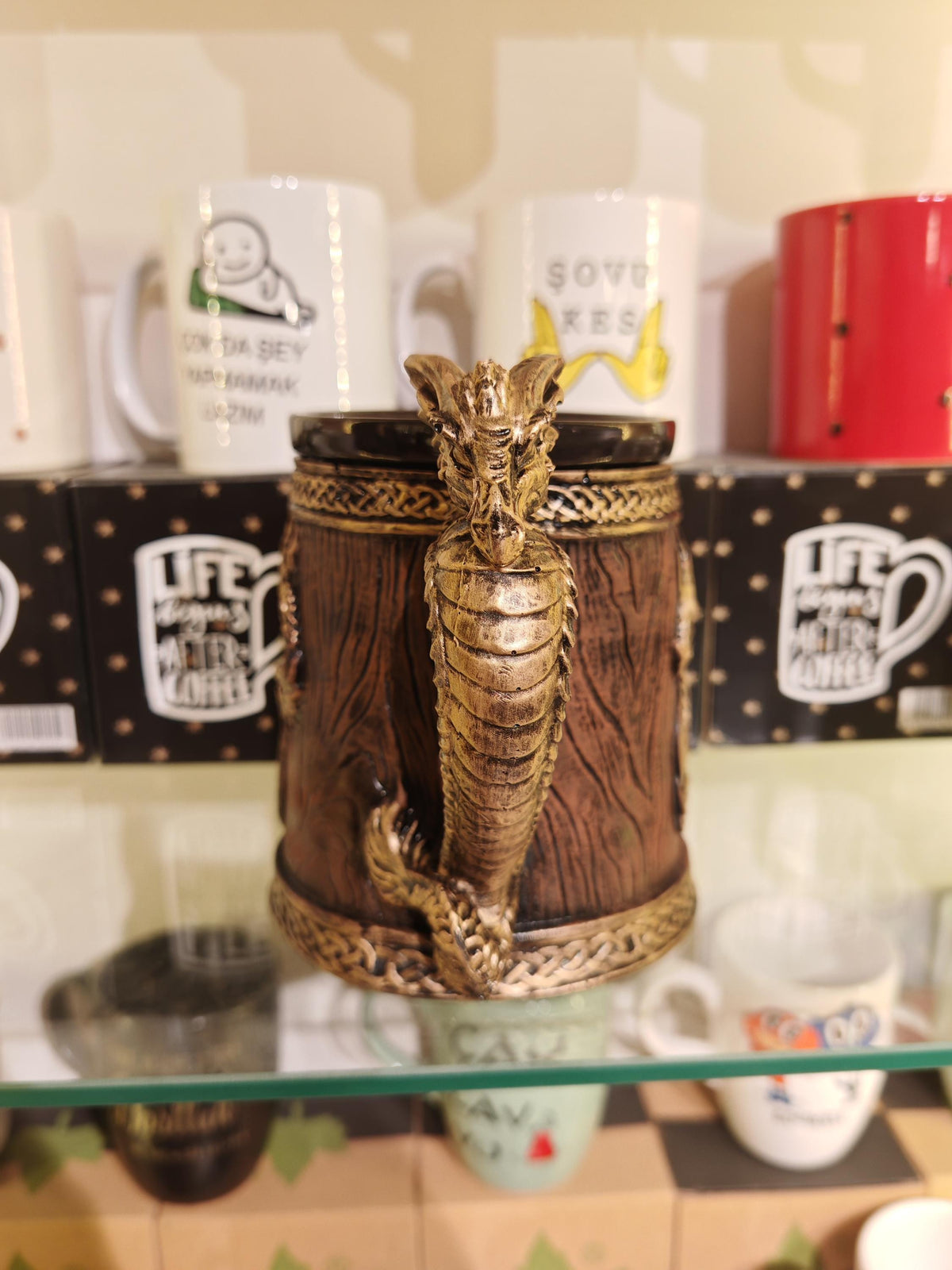 Viking Mug - Dragon Mug with Wooden Barrel Design – Gold Dragon Handle Fantasy Cup, Viking Medieval