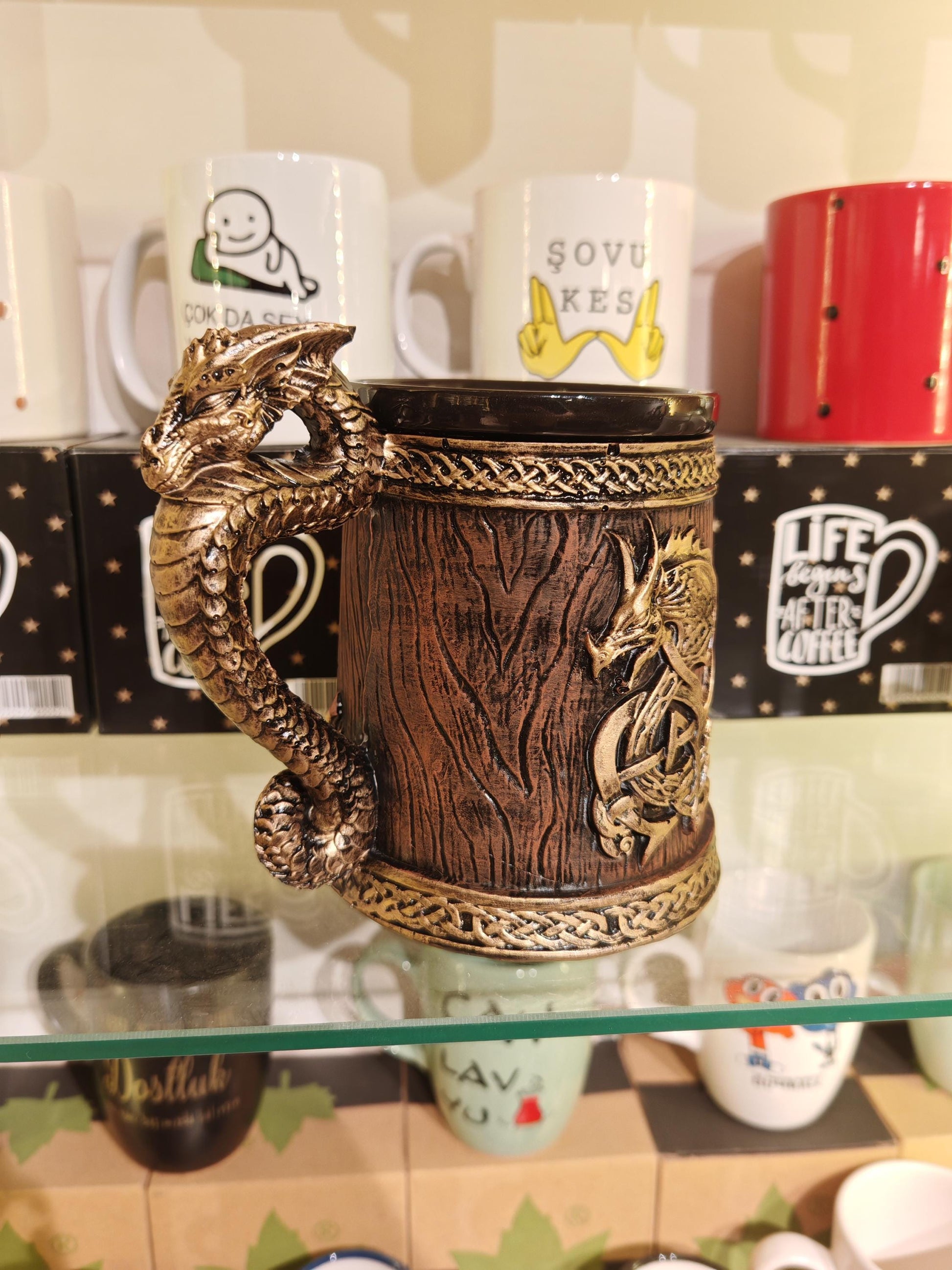 Viking Mug - Dragon Mug with Wooden Barrel Design – Gold Dragon Handle Fantasy Cup, Viking Medieval