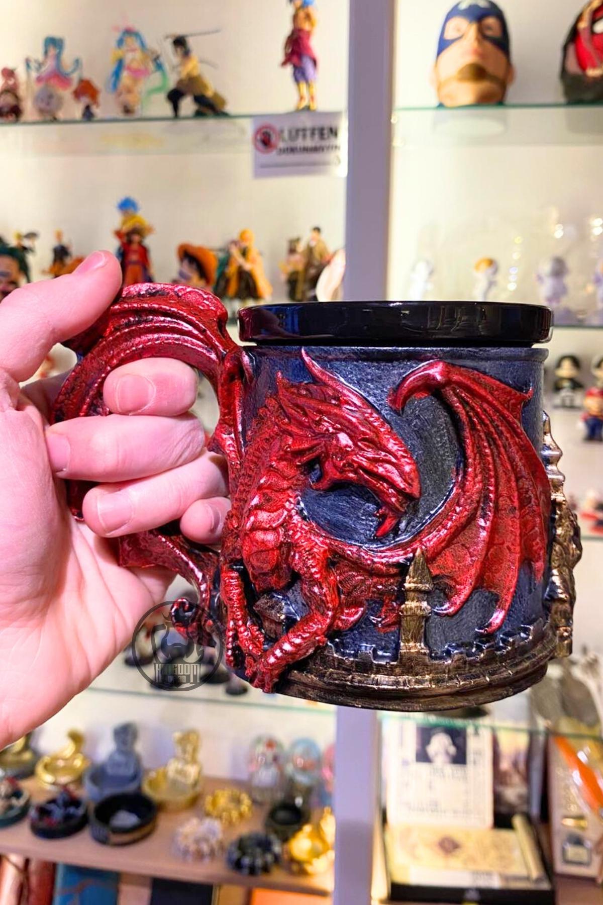 Viking Mug - Dragon Mug with Wooden Barrel Design – Gold Dragon Handle Fantasy Cup, Viking Medieval