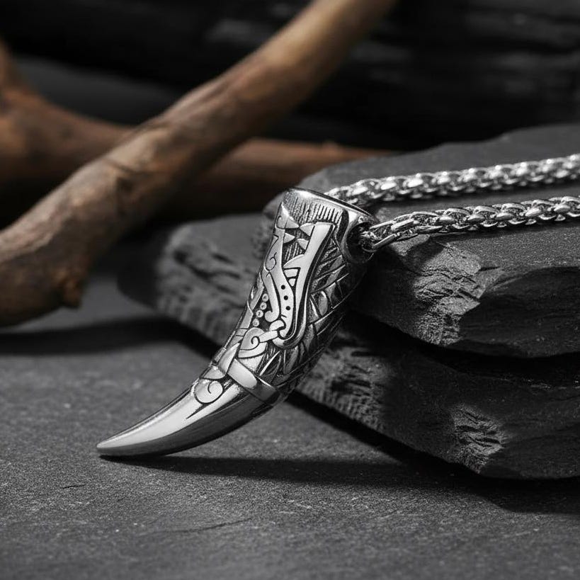 Viking Wolf Necklace - Men's Titanium Steel Viking Wolf Axe Pendant Necklace, Norse Mythology