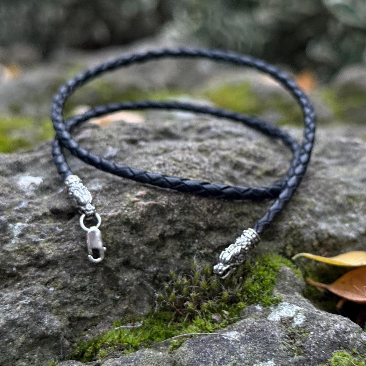 Viking Necklace - Braided Leather Dragon Necklace – Viking Necklace with Silver Dragon End Caps