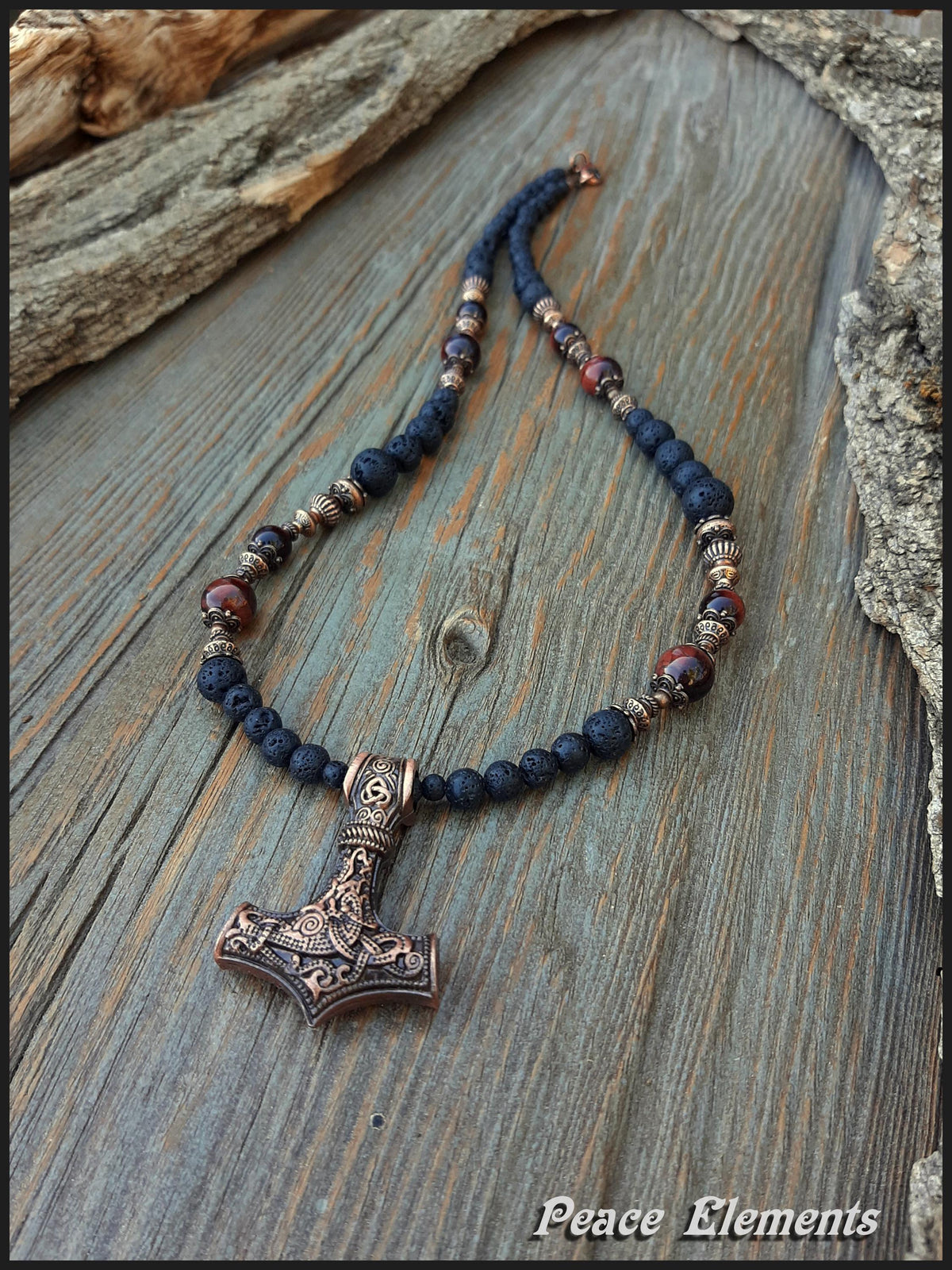 Viking Thor's Hammer Necklace - Thor Hammer bronze Pendant Necklace / Lava & Onyx gems beads /