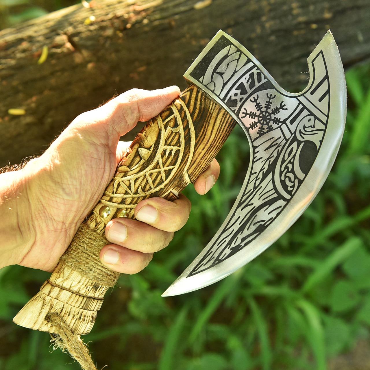 Viking Weapon Replica - Hand Forged Viking Axe: Black Camping Axe with Leather Cover