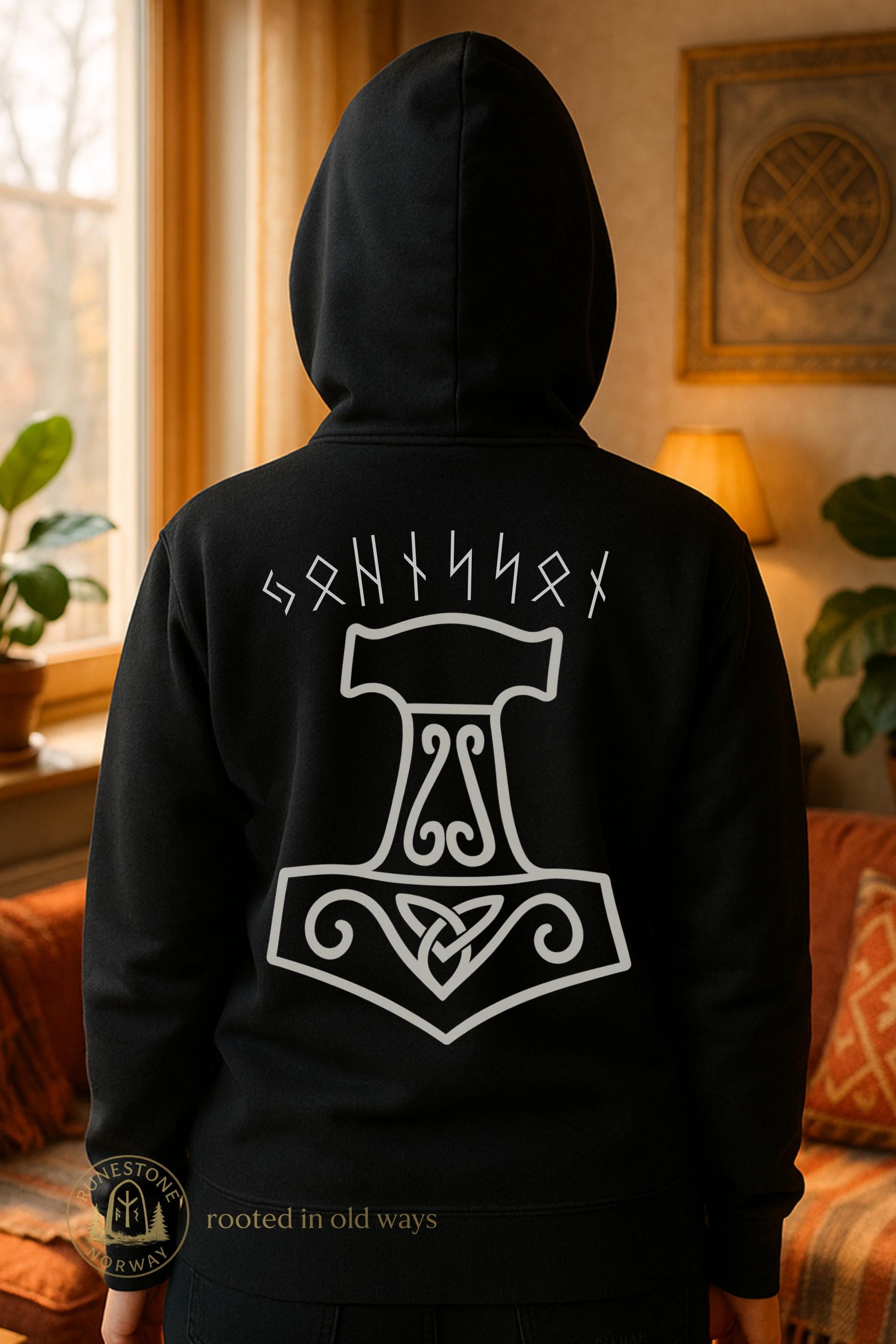 Viking Thor's Hammer Hoodie - Personalized Viking Zip Hoodie for Men Custom Rune Name Norse Symbol