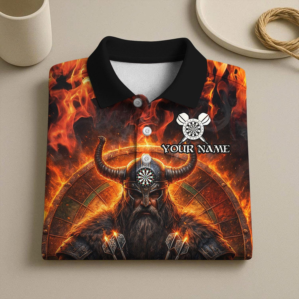 Viking T-Shirt - Personalized Name Dart Polo Shirt, Viking Fire Warrior Darts Design, Custom Team
